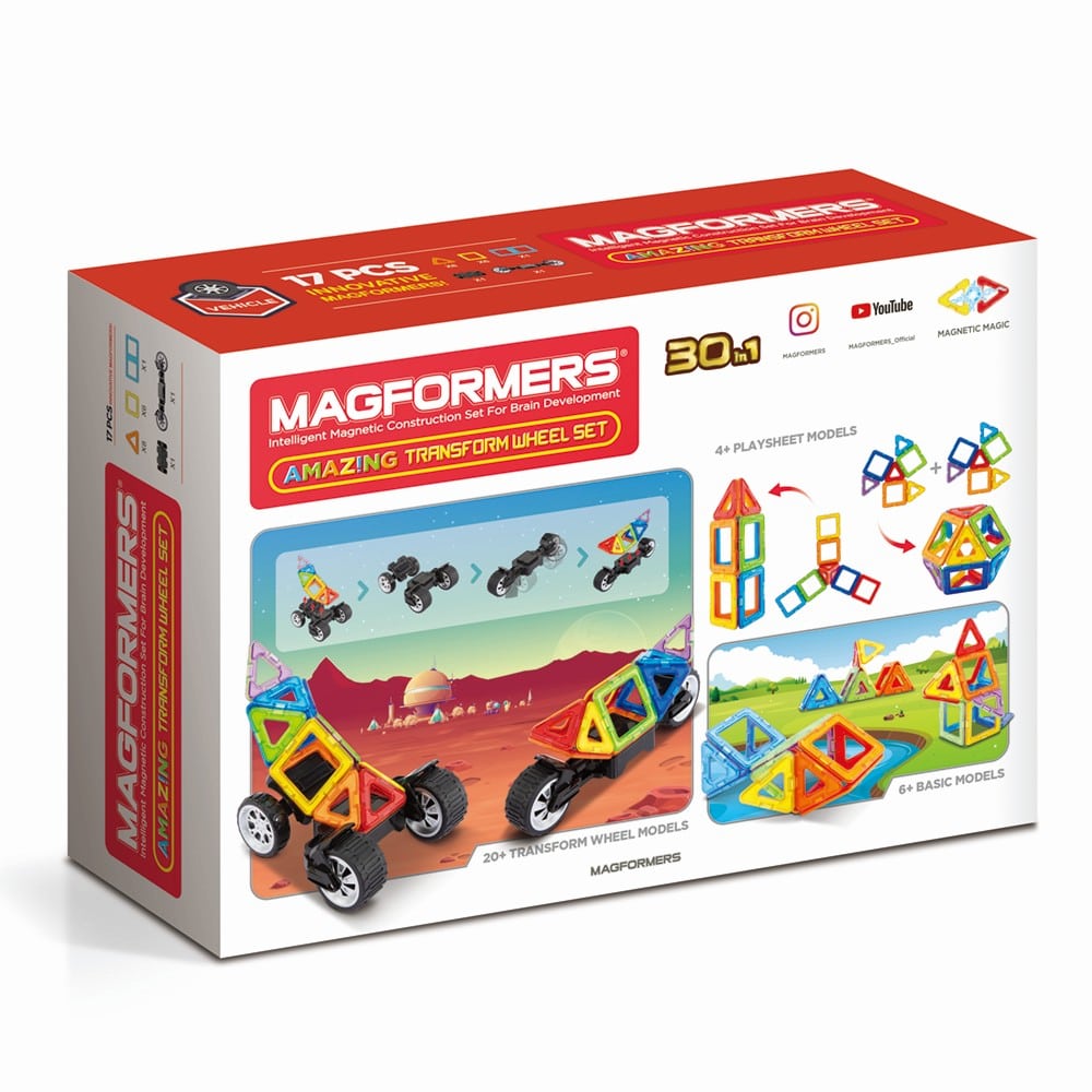 Joc de constructie magnetic Magformers Amazing Transform Wheels Set - Vehicule, 17 piese