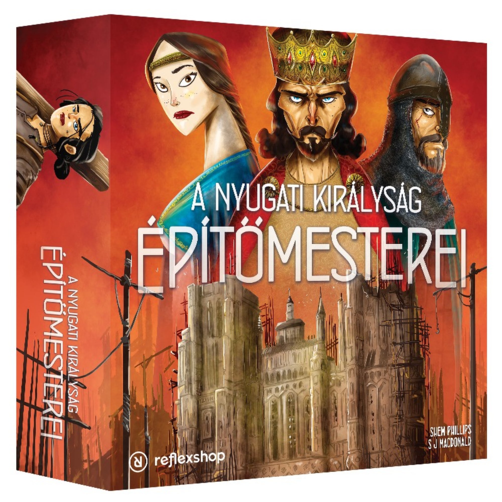 A Nyugati királyság építőmesterei társasjáték doboza, élénk piros és narancssárga színvilágban, középen egy félkész katedrálissal, a háttérben három karakter arcképe – egy király, egy harcos és egy nő – szigorú tekintettel.
