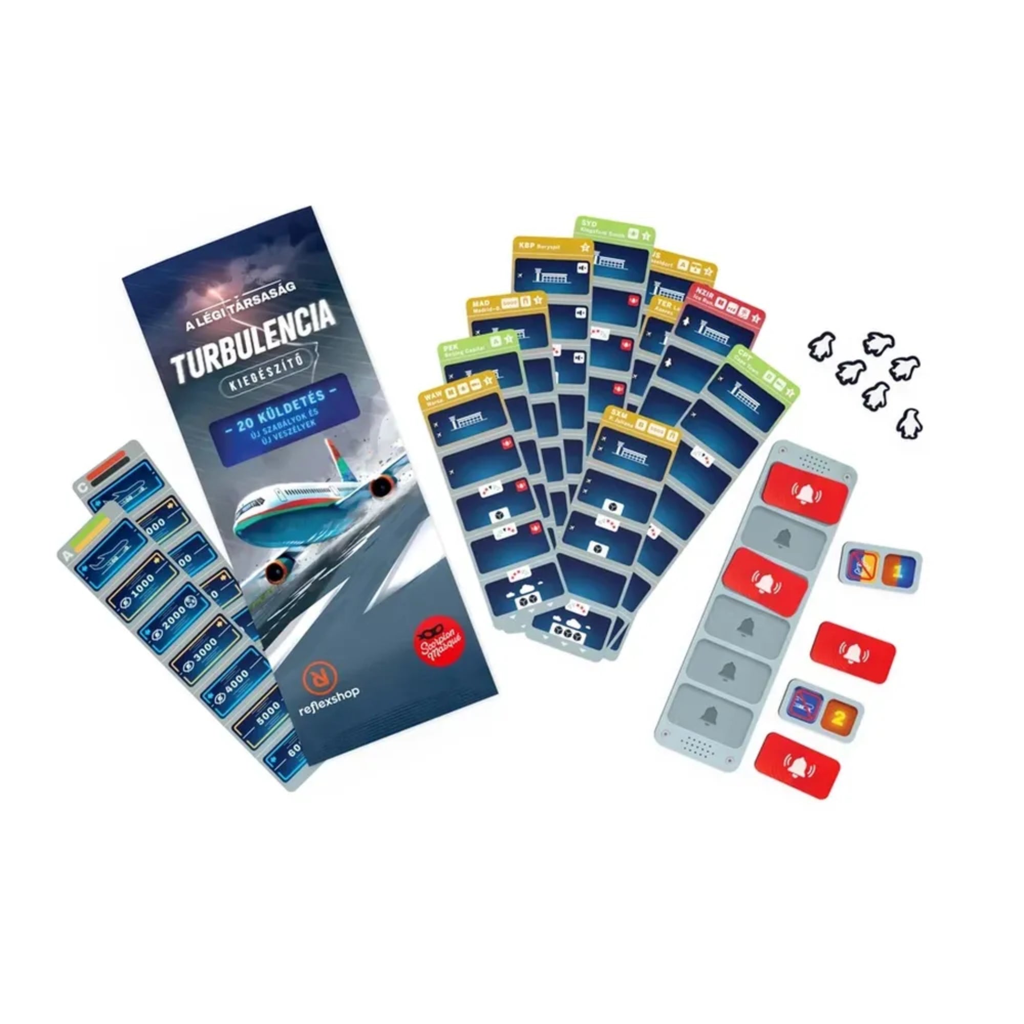 A légi társaság: Turbulencia kiegészítő tartalma – küldetéskártyák, jelölők és új játékelemek az izgalmasabb repülős kalandokhoz.