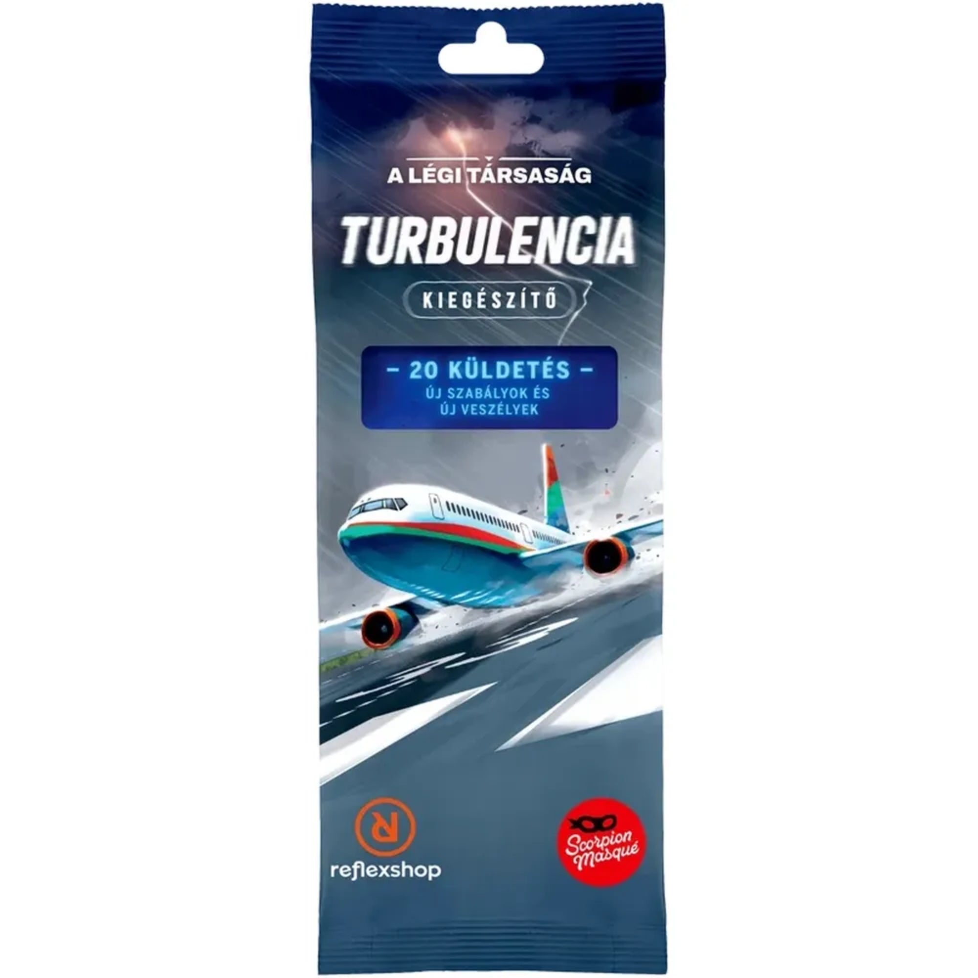 A légi társaság: Turbulencia kiegészítő csomagolása, amelyen egy viharos ég alatt repülőgép látható, 20 új küldetést ígérve.