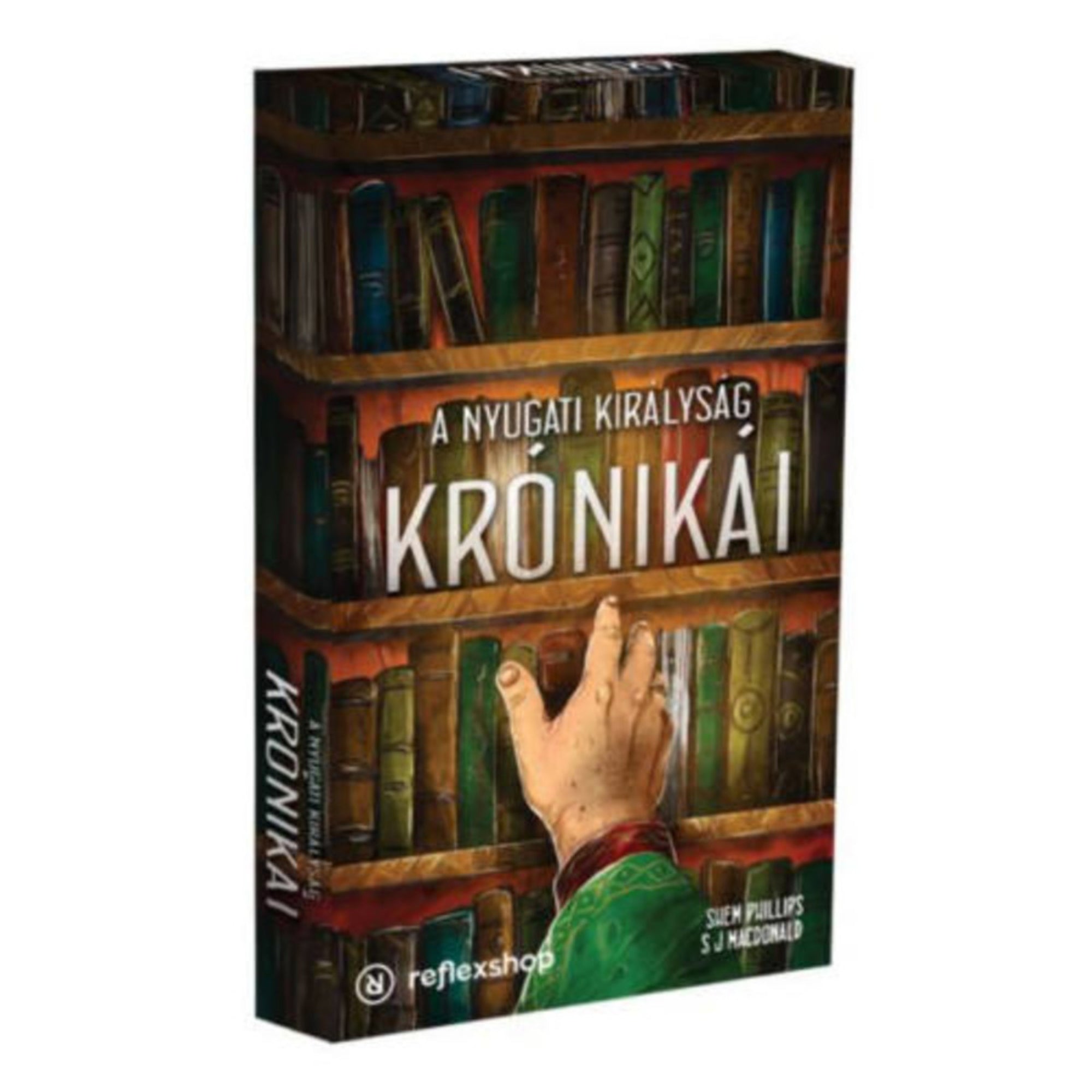 A Nyugati Királyság Krónikái társasjáték doboza, rajta egy polc tele könyvekkel, amelyek közül egy kéz éppen egyet húz ki – hangulatos, középkori tematikájú grafika.