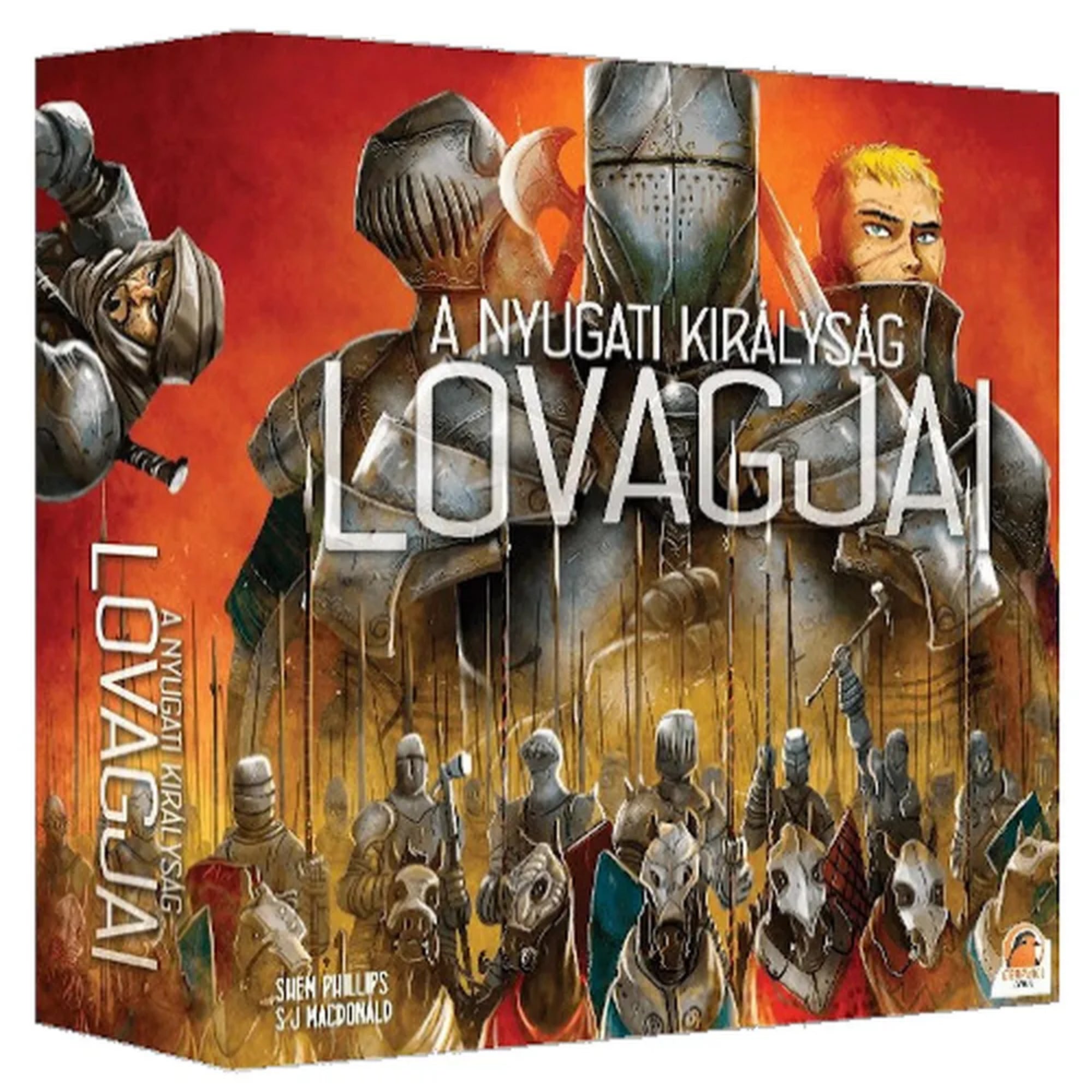 „A nyugati királyság lovagjai” társasjáték doboza, amelyen páncélos lovagok és katonák menetelnek a háttérben vörös-narancs árnyalatú ég alatt.