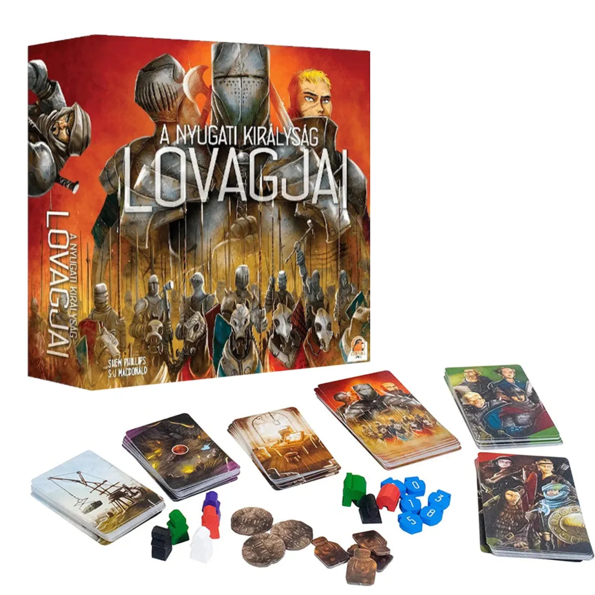 „A nyugati királyság lovagjai” társasjáték doboza, előtte kártyák, különböző színű fa bábuk, érmék és jelölők sorakoznak rendezett módon.