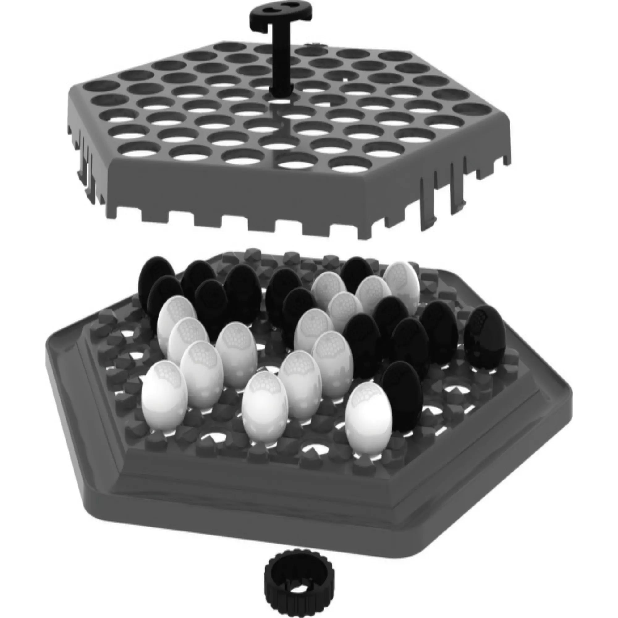 Abalone Go utazó társasjáték belső szerkezete, hatszög alakú tábla két rétegben, fekete és fehér golyókkal.