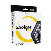 Abalone Go utazó változat társasjáték doboza, modern fehér-sárga dizájnnal és a játéktábla részletével.