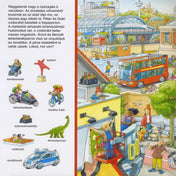 Egy részlet a Ablakos Keress, találj, mesélj! Városban könyvből, ahol a gyerekek különböző tárgyakat és járműveket kereshetnek meg egy részletesen illusztrált nagyvárosi forgatagban.