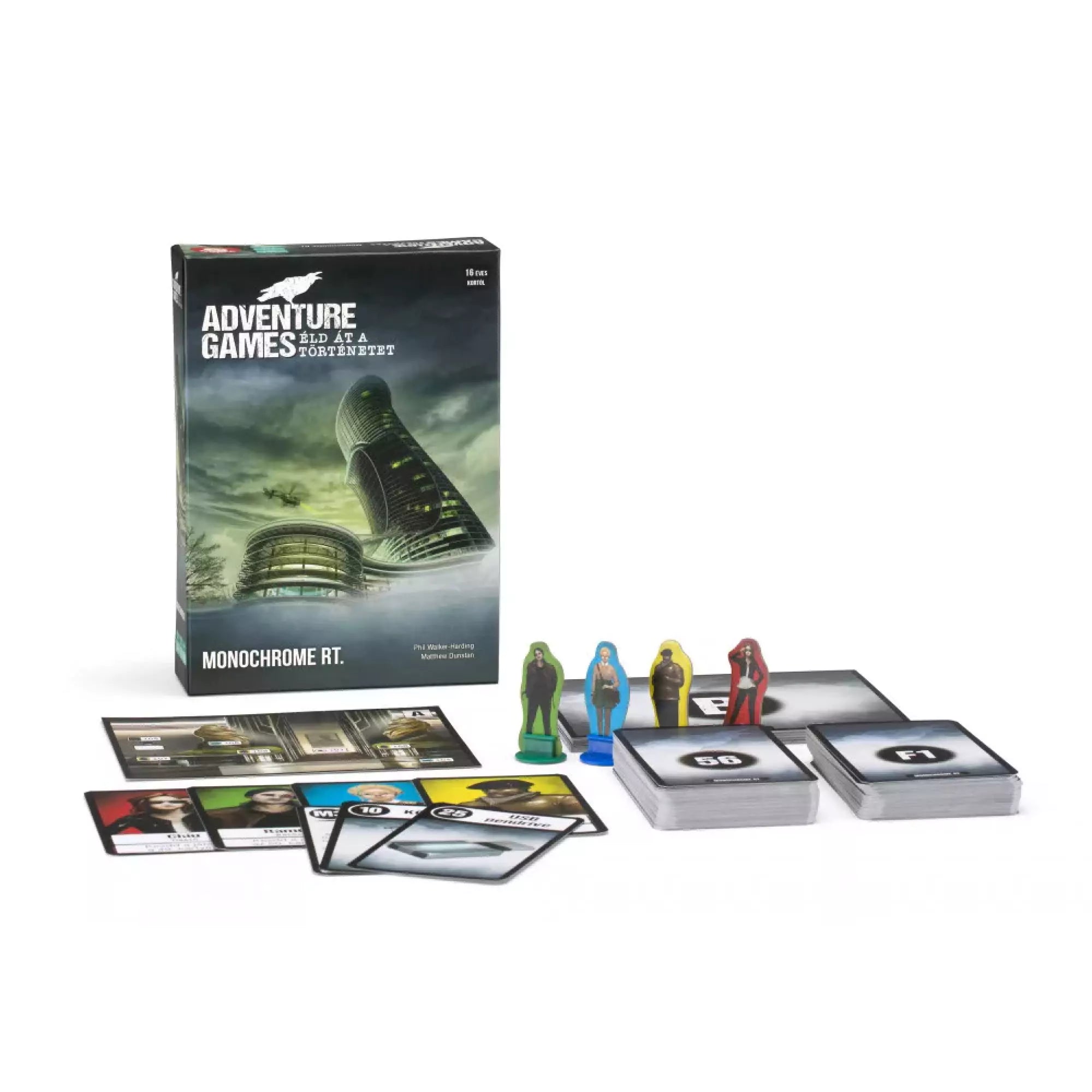 Adventure Games – Monochrome Inc. társasjáték doboza és tartozékai: karakterlapkák, játékkártyák, helyszínlapok és különböző figurák egy modern, sci-fi stílusú kalandhoz.