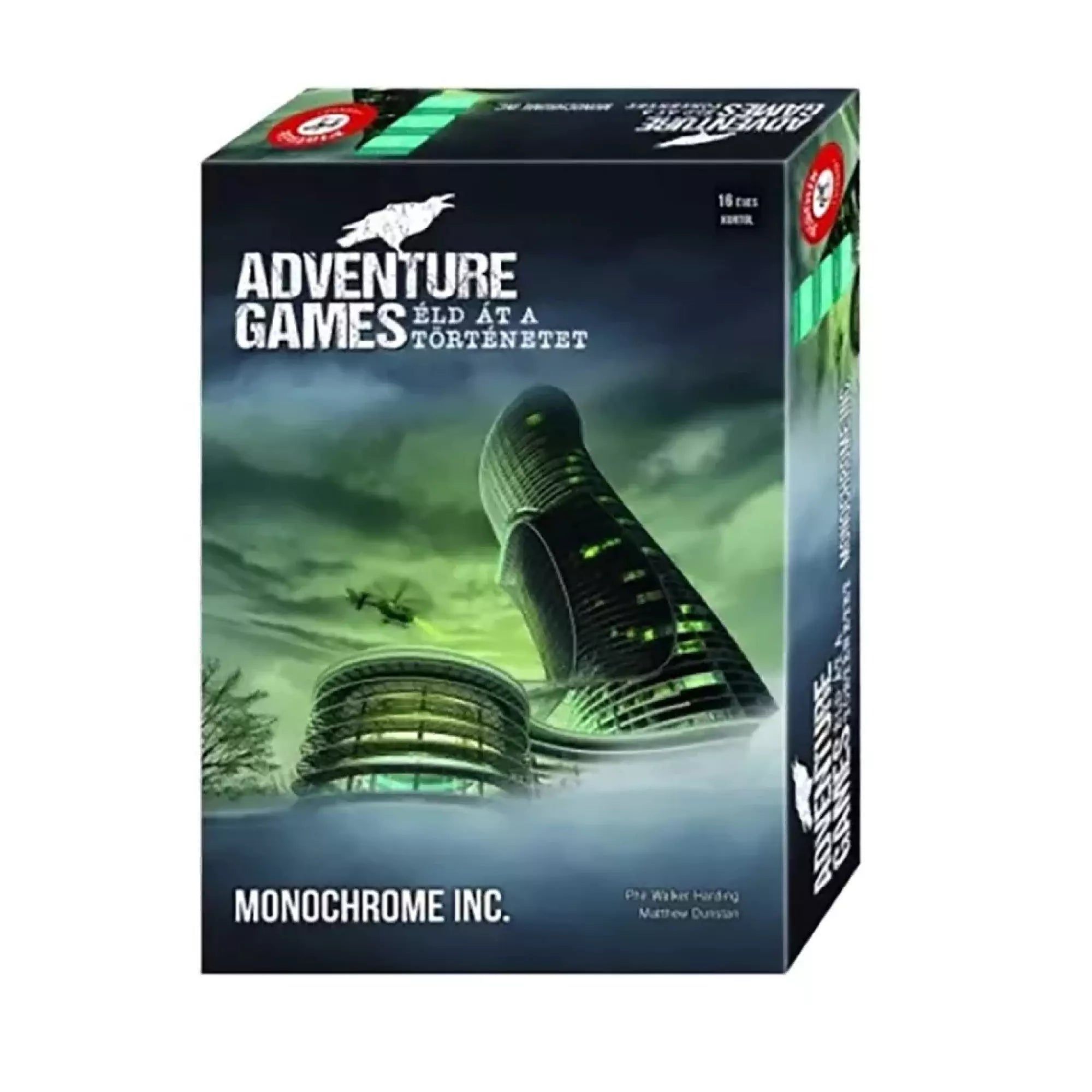 Adventure Games – Monochrome Inc. társasjáték doboza, futurisztikus felhőkarcolót és helikoptert ábrázoló sötét, zöldes árnyalatú borítóval.