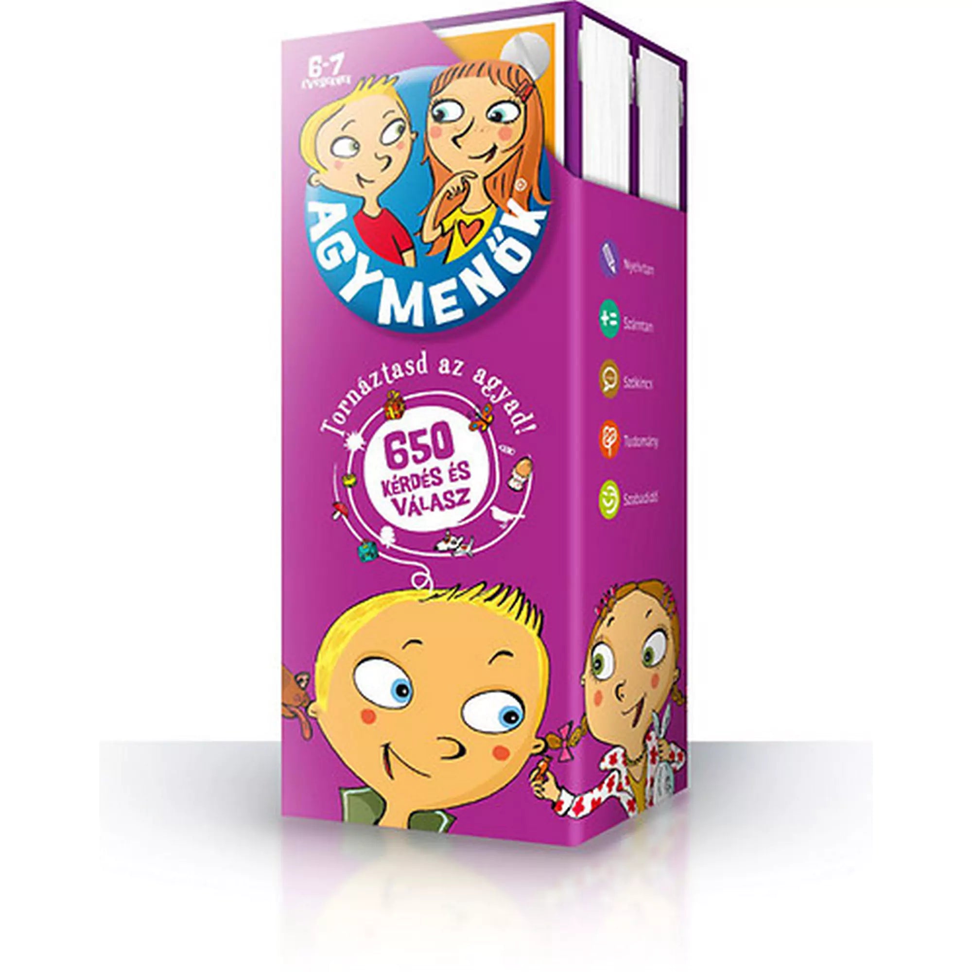Az Agymenők – 6–7 éveseknek szóló kvízkártyák lila színű doboza, rajzfilmfigurákkal és színes ikonokkal díszítve. A dobozon „650 kérdés és válasz” felirat szerepel, nyelvtan, matek, tudomány és szabadidő témakörökkel.