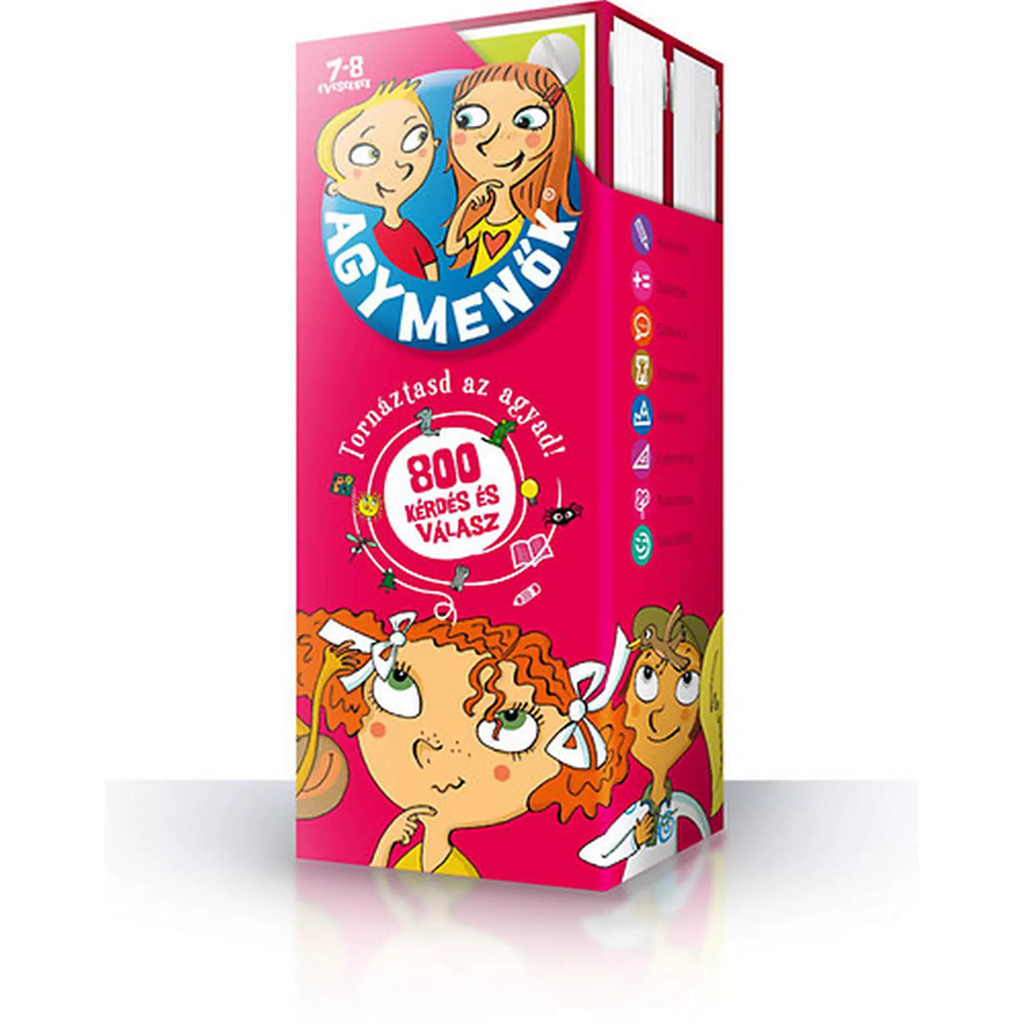 Az Agymenők – 7–8 éveseknek szóló kvízkártyák élénk rózsaszín doboza, rajzfilmfigurákkal és színes ikonokkal. A dobozon „800 kérdés és válasz” felirat látható, különböző témakörök szimbólumaival.