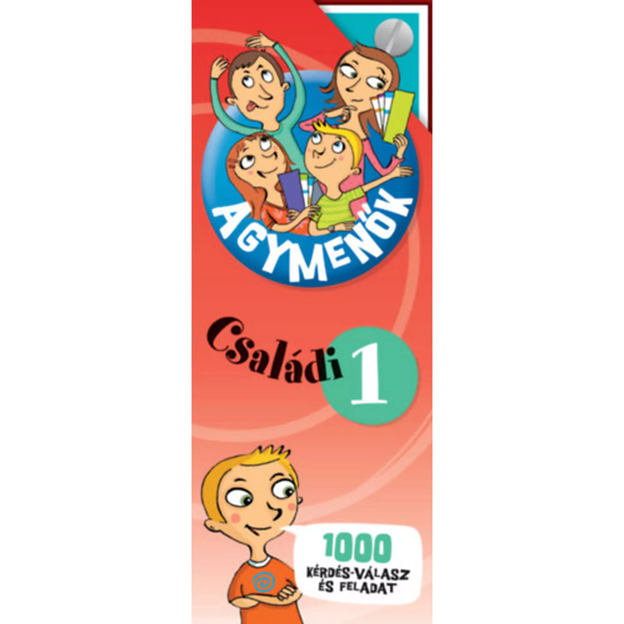 Az Agymenők – Családi 1 társasjáték dobozának borítója, piros háttéren négy rajzfilmfigura látható könyvekkel a kezükben, alul egy szőke fiú néz oldalra. A dobozon „1000 kérdés-válasz és feladat” felirat is szerepel.
