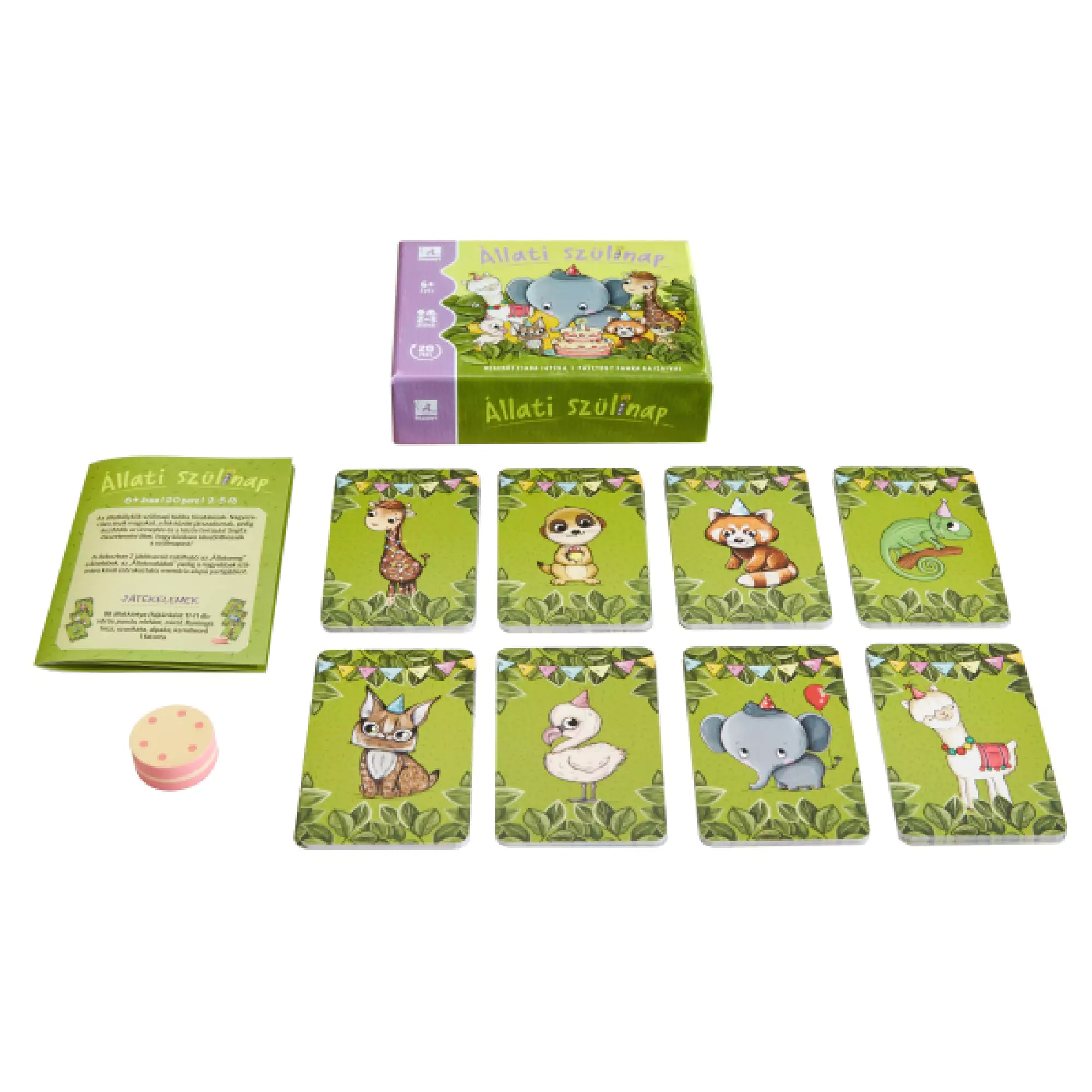 Állati szülinap társasjáték doboz és tartalom – A játék színes kártyákkal, szabálykönyvvel és születésnapi torta jelzővel.