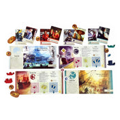 Az Aranyfolyó társasjáték játékos táblái, klánkártyák és színes fa jelölők, amelyeken jól látszanak a különféle akciók és ikonok.