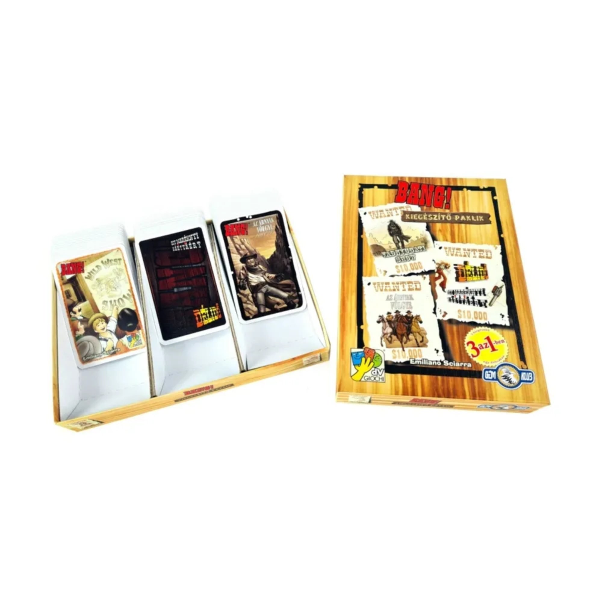 A Bang! Kiegészítő paklik doboza három külön paklit tartalmaz: Vadnyugati Show, A nővérek ligája és A Daltonok bosszúja, valamint hozzájuk tartozó különféle kártyákat, rendezett formában elhelyezve a doboz belső tartójában.