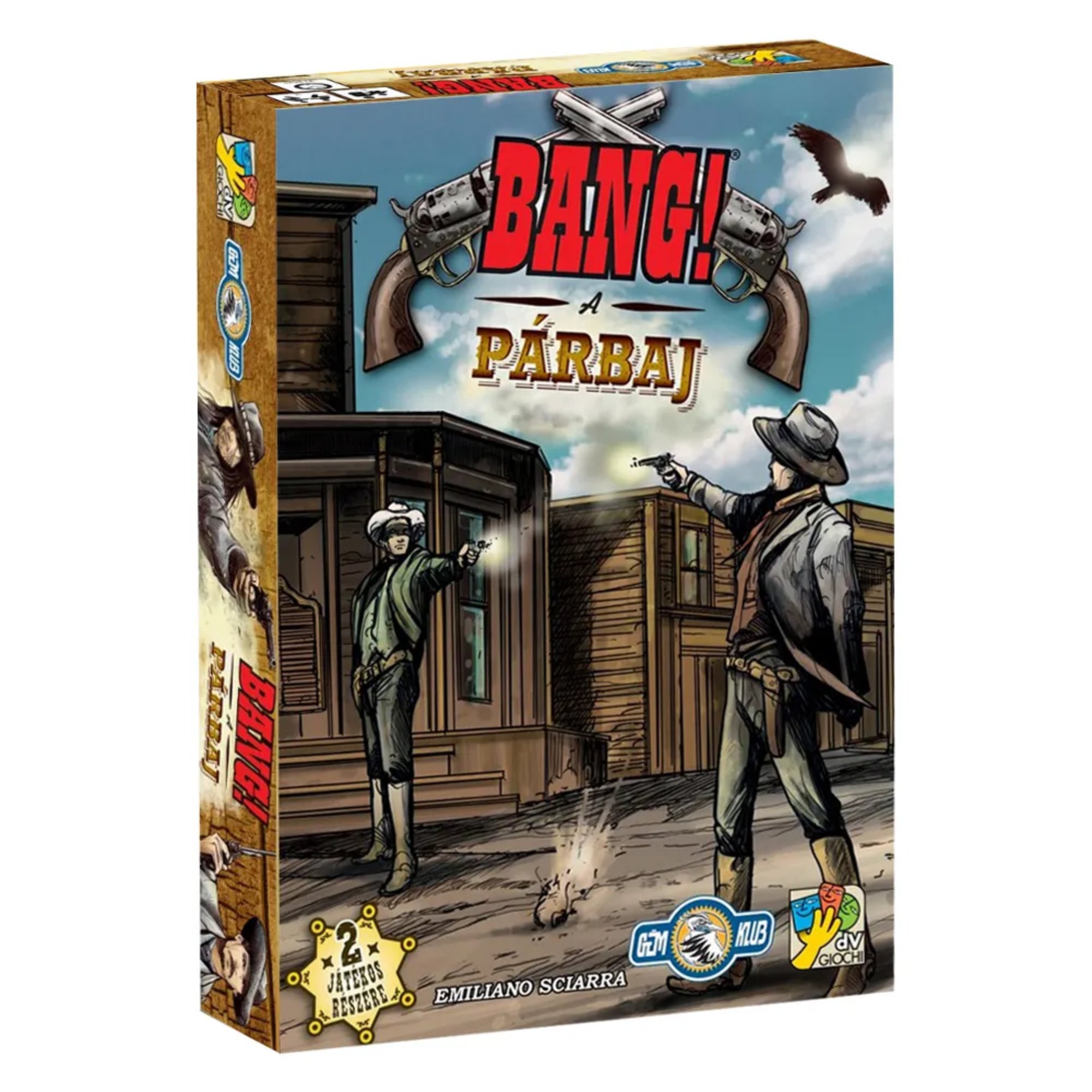 A Bang! A Párbaj doboza, amelyen két cowboy párbajozik egy poros kisvárosi utcán, a háttérben épületekkel és madárral az égen.