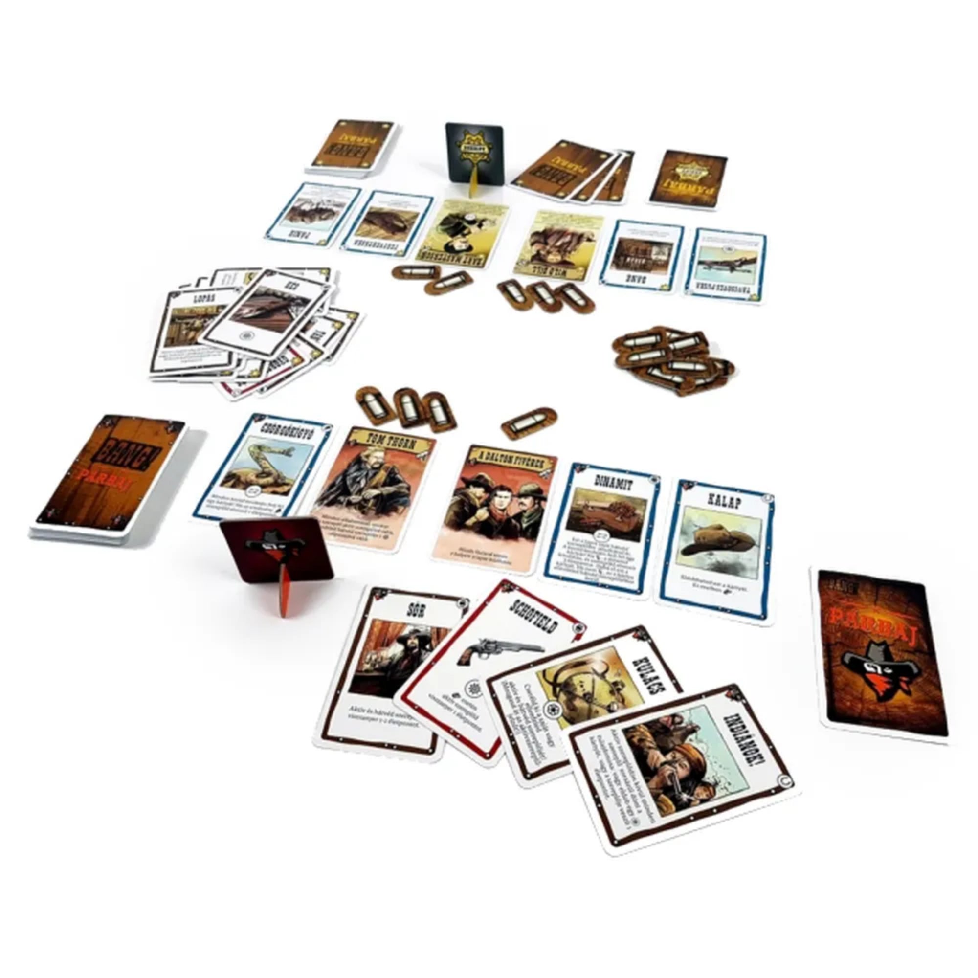 A Bang! A Párbaj társasjáték játék közbeni elrendezése, asztalon szétszórt kártyák, álló célkereszt figura, töltényjelölők és több játékos paklija.