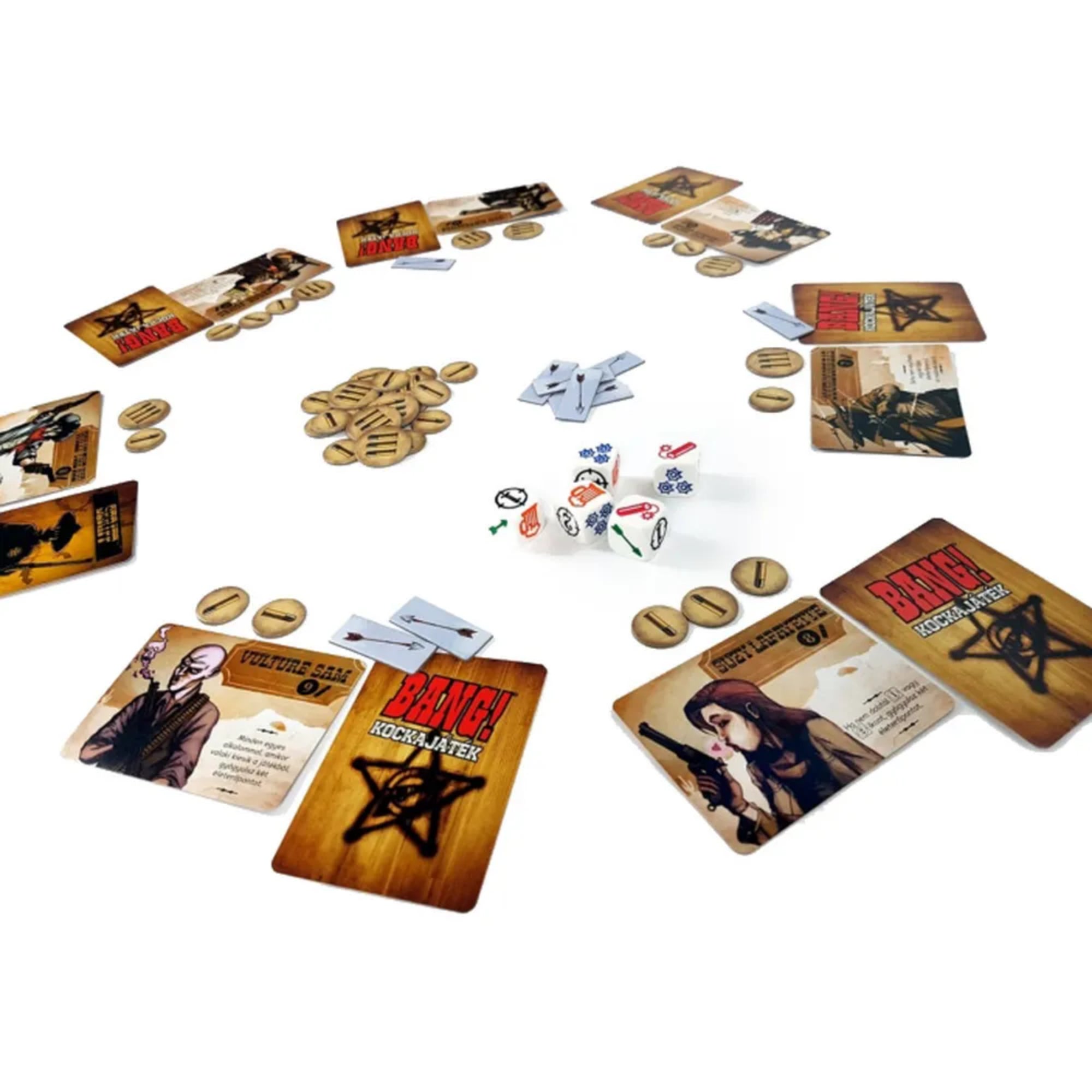 A Bang! A kockajáték játék közben, körben elhelyezett szerepkártyák és játékoslapok, középen dobókockákkal és tölténytokennel, körülöttük játékosok karakterkártyákkal.