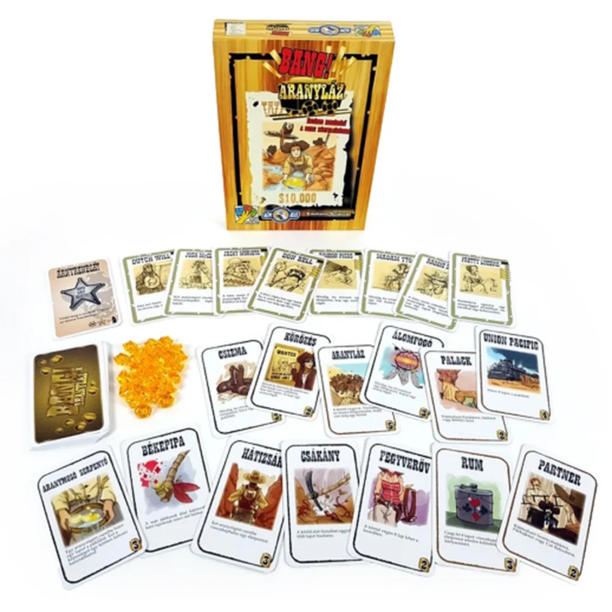 A Bang! Aranyláz kiegészítő doboza a játékhoz tartozó lapokkal és sárga műanyag aranyrögökkel kiterítve, többféle akció- és karakterkártyával.