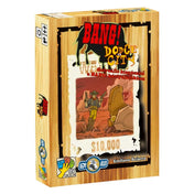 A Bang! Dodge City doboza, fakazetta dizájnnal, középen egy vörös sziklák közt álló cowboy grafikus illusztrációjával, $10.000 felirattal és kiegészítőként jelölve.