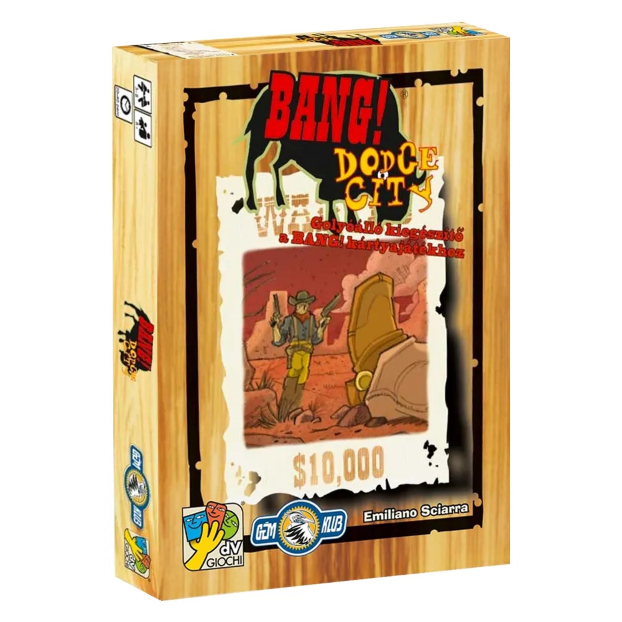 A Bang! Dodge City doboza, fakazetta dizájnnal, középen egy vörös sziklák közt álló cowboy grafikus illusztrációjával, $10.000 felirattal és kiegészítőként jelölve.