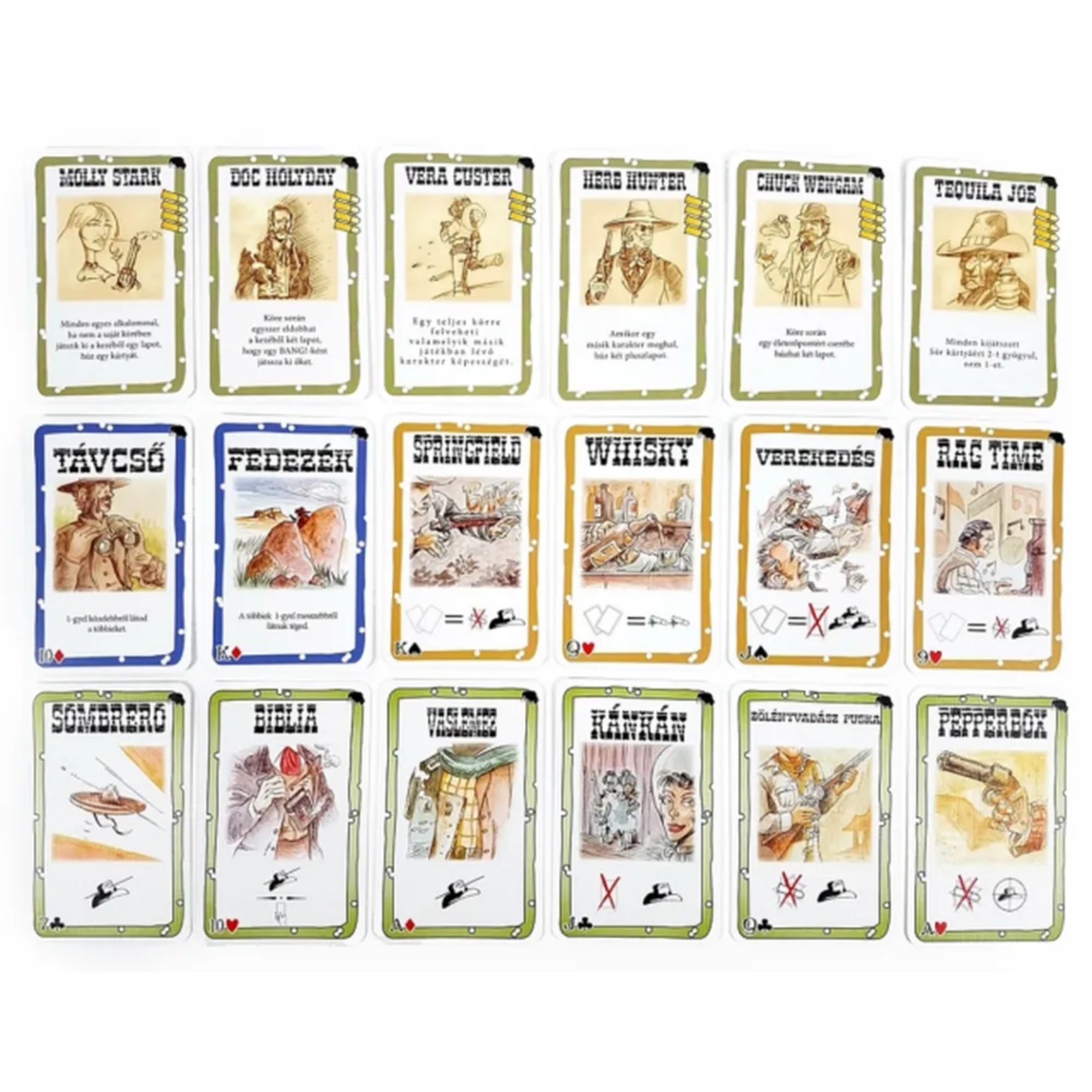 A Bang! Dodge City kiegészítő színes kártyái fektetve: karakterkártyák, akciók, tárgyak és felszerelések, jól olvasható nevekkel és grafikákkal, például Távcső, Springfield, Tequila Joe.