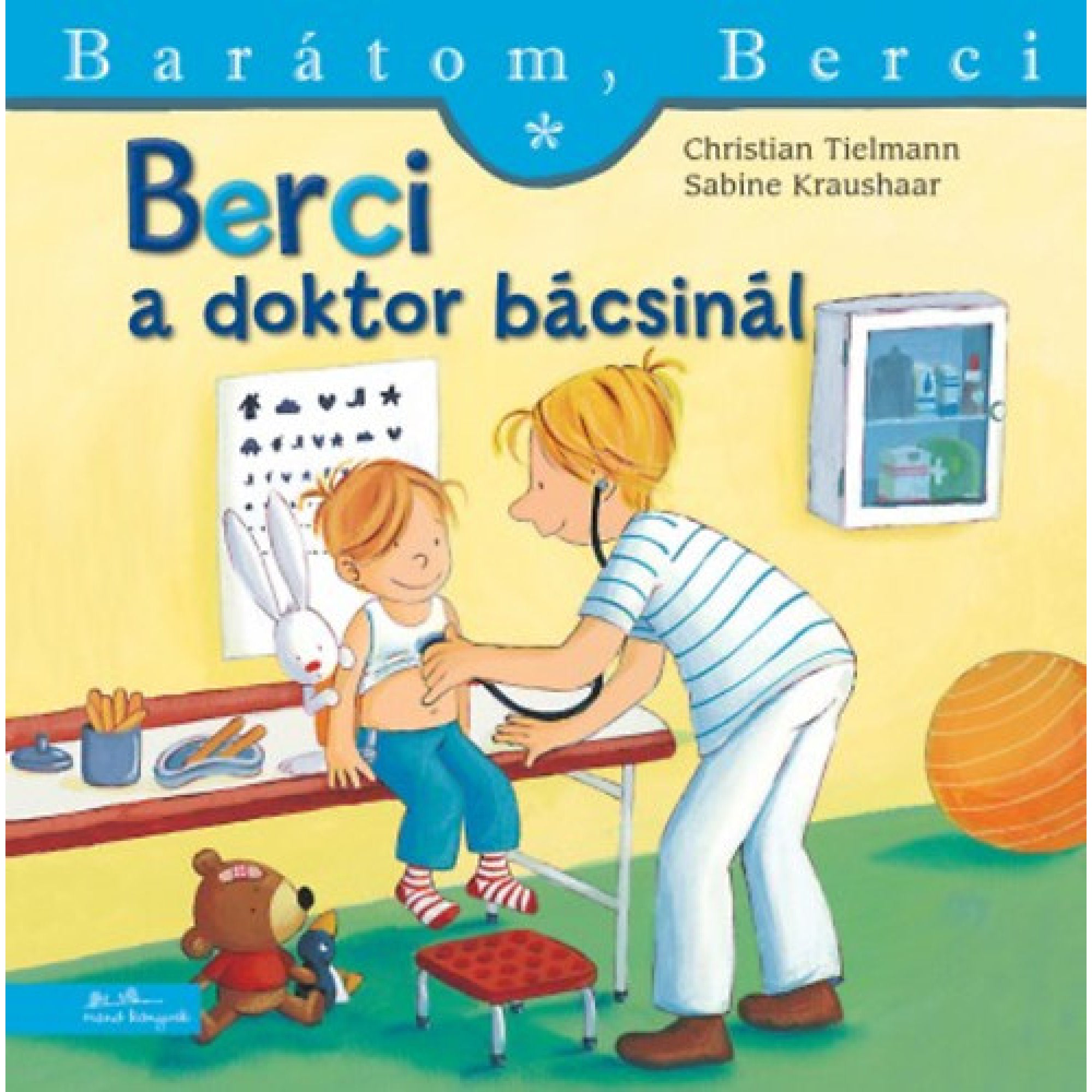 A „Berci a doktor bácsinál” című könyv borítója a Barátom, Berci sorozatból. A képen Berci ül egy vizsgálóasztalon, mosolyogva hagyja, hogy a doktor bácsi sztetoszkóppal meghallgassa a mellkasát. Berci fehér atlétát és kék nadrágot visel, ölében kedvenc nyuszi plüssjátéka ül. A háttérben egy látásteszt tábla, orvosi felszerelés és egy gyógyszeres szekrény látható. A padlón egy barna maci és egy kis játékfigura ülnek. A jelenet barátságos, megnyugtató hangulatot áraszt.