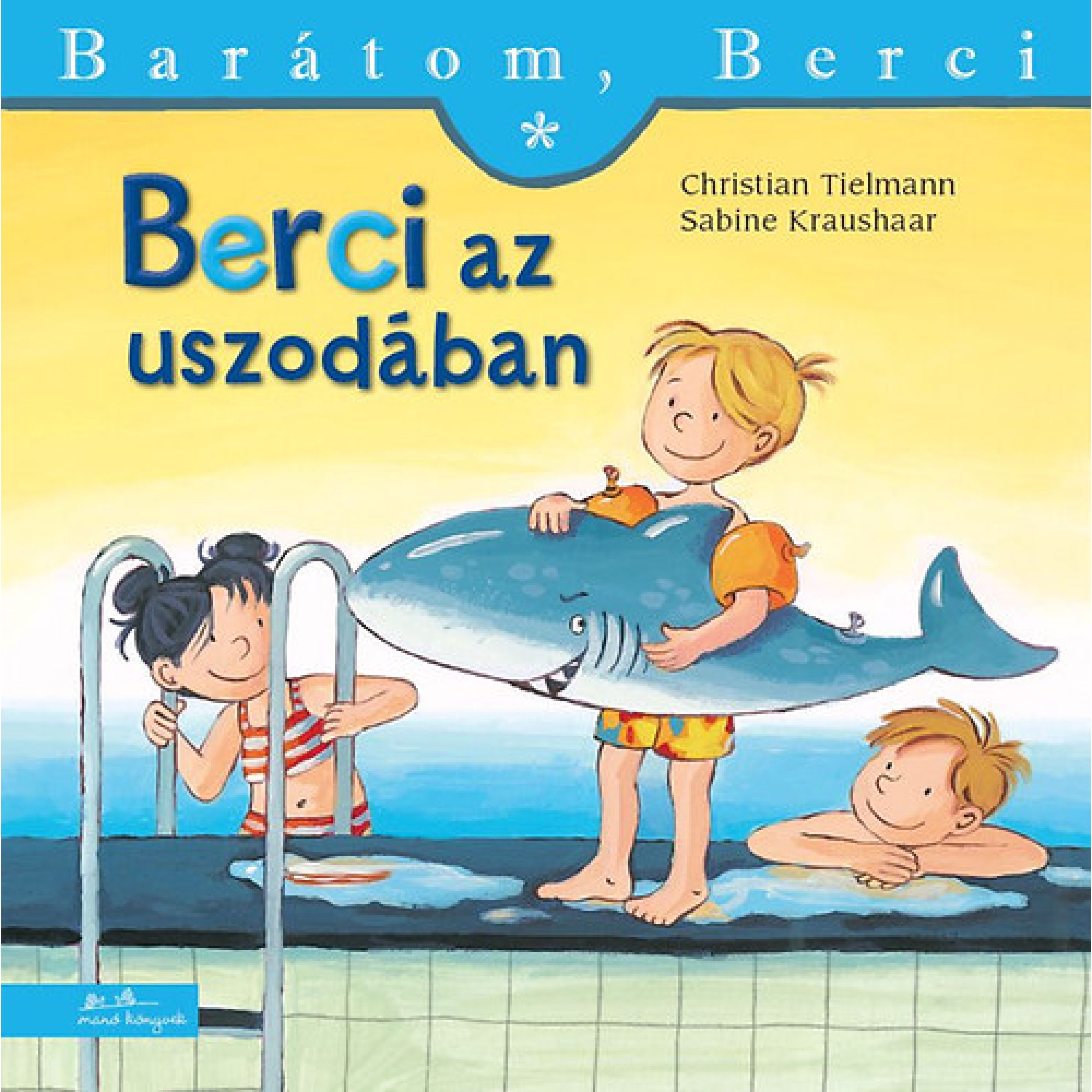 A „Berci az uszodában” című könyv borítója a Barátom, Berci sorozatból. A képen Berci áll az uszoda szélén, vidáman tartva egy felfújható cápa úszógumit maga előtt. Sárga-piros fürdőnadrágot és narancssárga karúszót visel. A bal oldalon egy fekete hajú kislány mászik ki a vízből, piros-fehér csíkos fürdőruhában, a jobb oldalon pedig egy másik kisfiú könyököl a medence szélén, mosolyogva nézi Bercit. A háttér világos sárga, a jelenet barátságos, nyárias hangulatot áraszt.