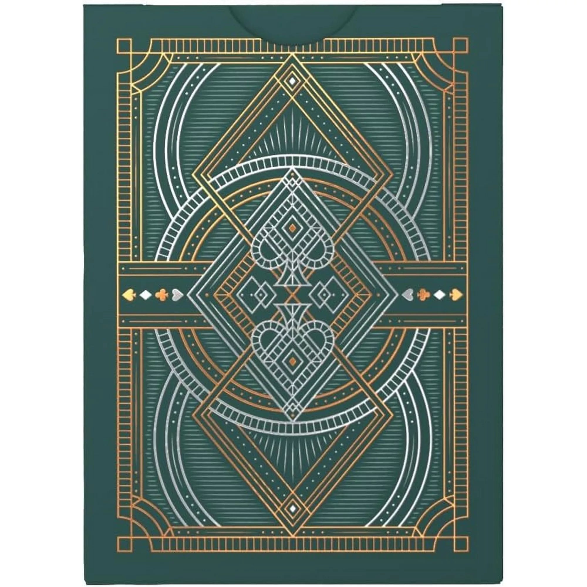 A Bicycle Byzantine kártyapakli hátlapjának mintája részletes arany és ezüst geometrikus vonalvezetéssel, luxus megjelenésben.