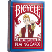 A Bicycle Tokyo Revengers kártyapakli doboza, amelyen egy anime stílusú karakter látható piros dzsekiben, ökölbe szorított kézzel, fehér és piros mintás háttérrel.