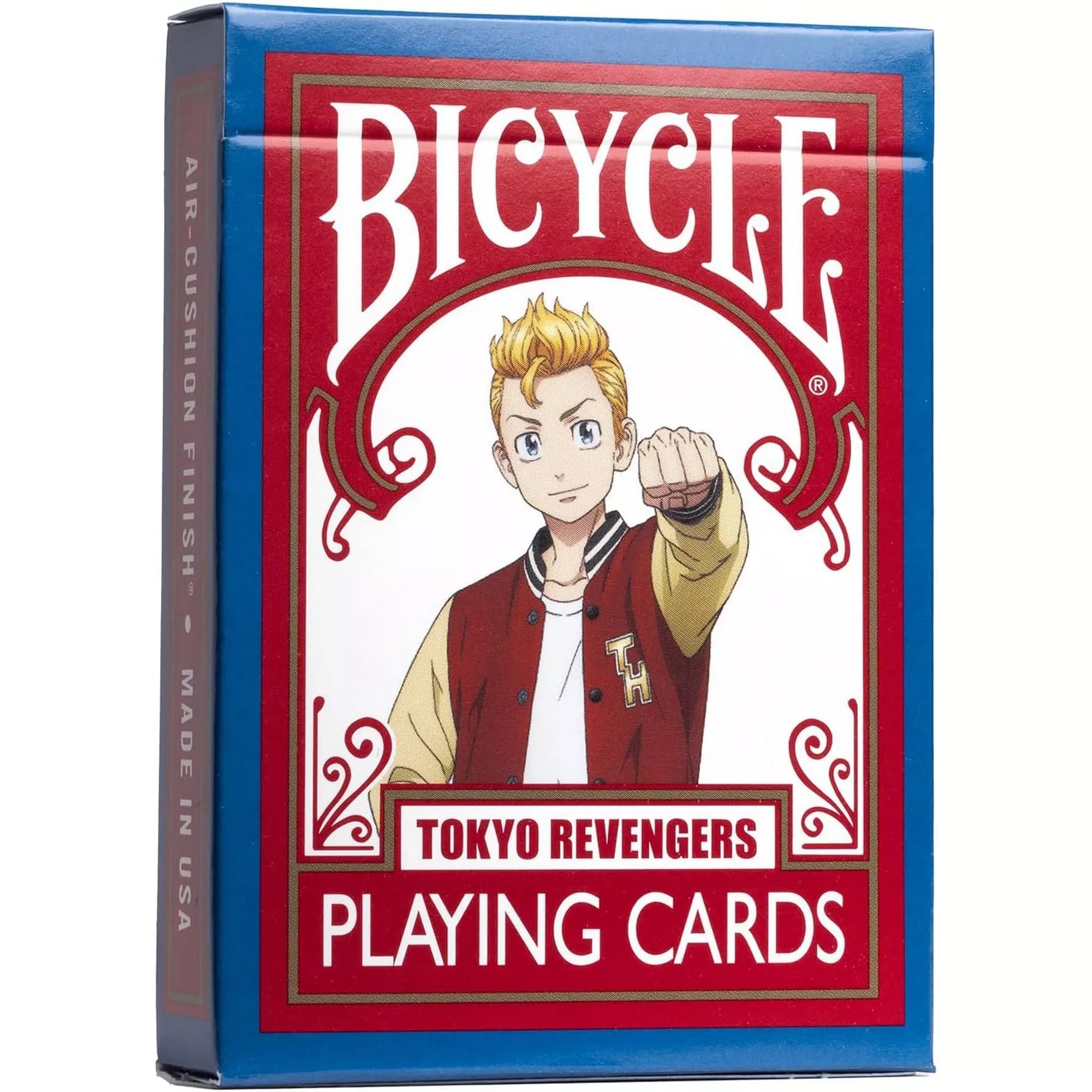 A Bicycle Tokyo Revengers kártyapakli doboza, amelyen egy anime stílusú karakter látható piros dzsekiben, ökölbe szorított kézzel, fehér és piros mintás háttérrel.