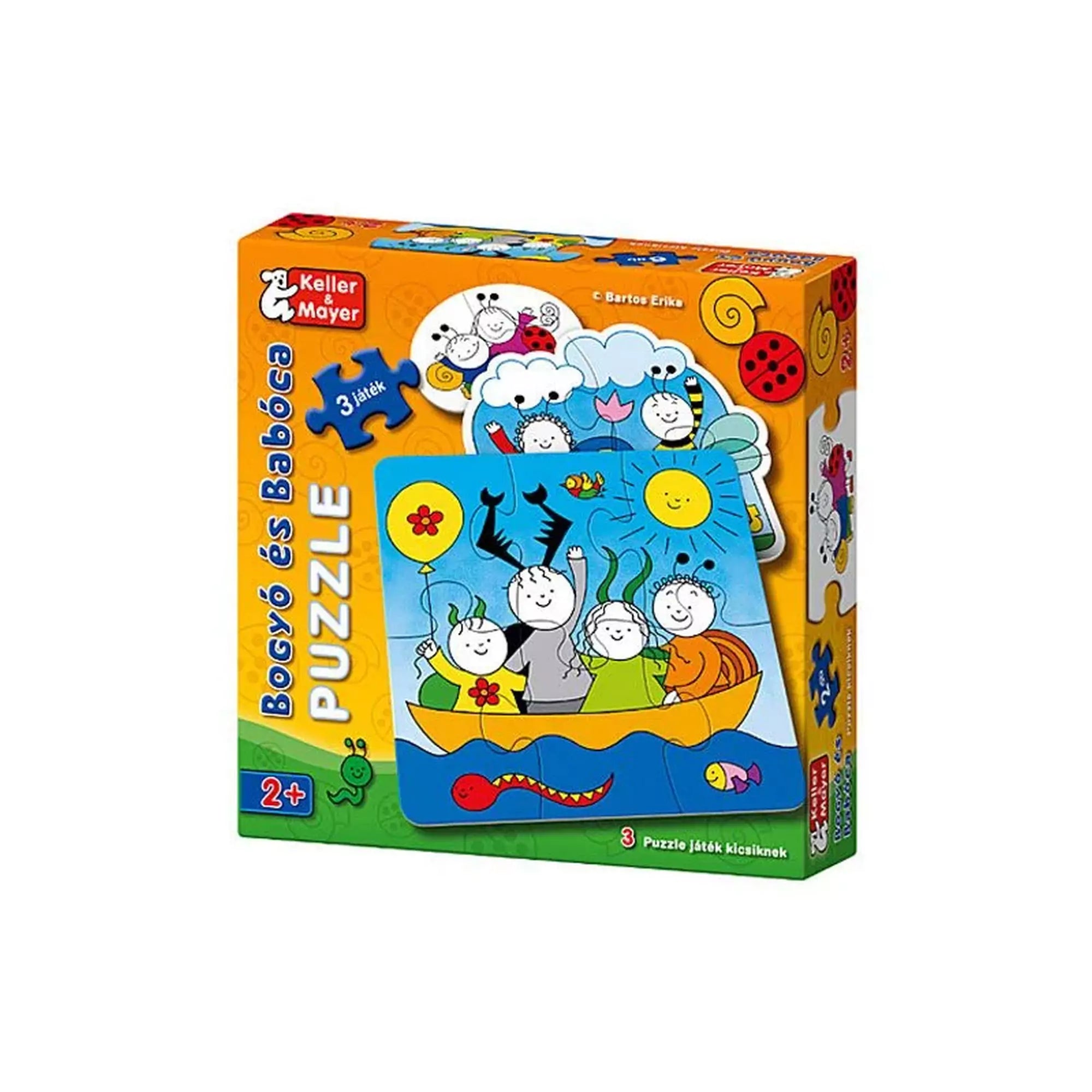 Bogyó és Babóca bébi puzzle – színes kartondoboz három különböző mintájú puzzle képével, 2 éves kortól ajánlva.