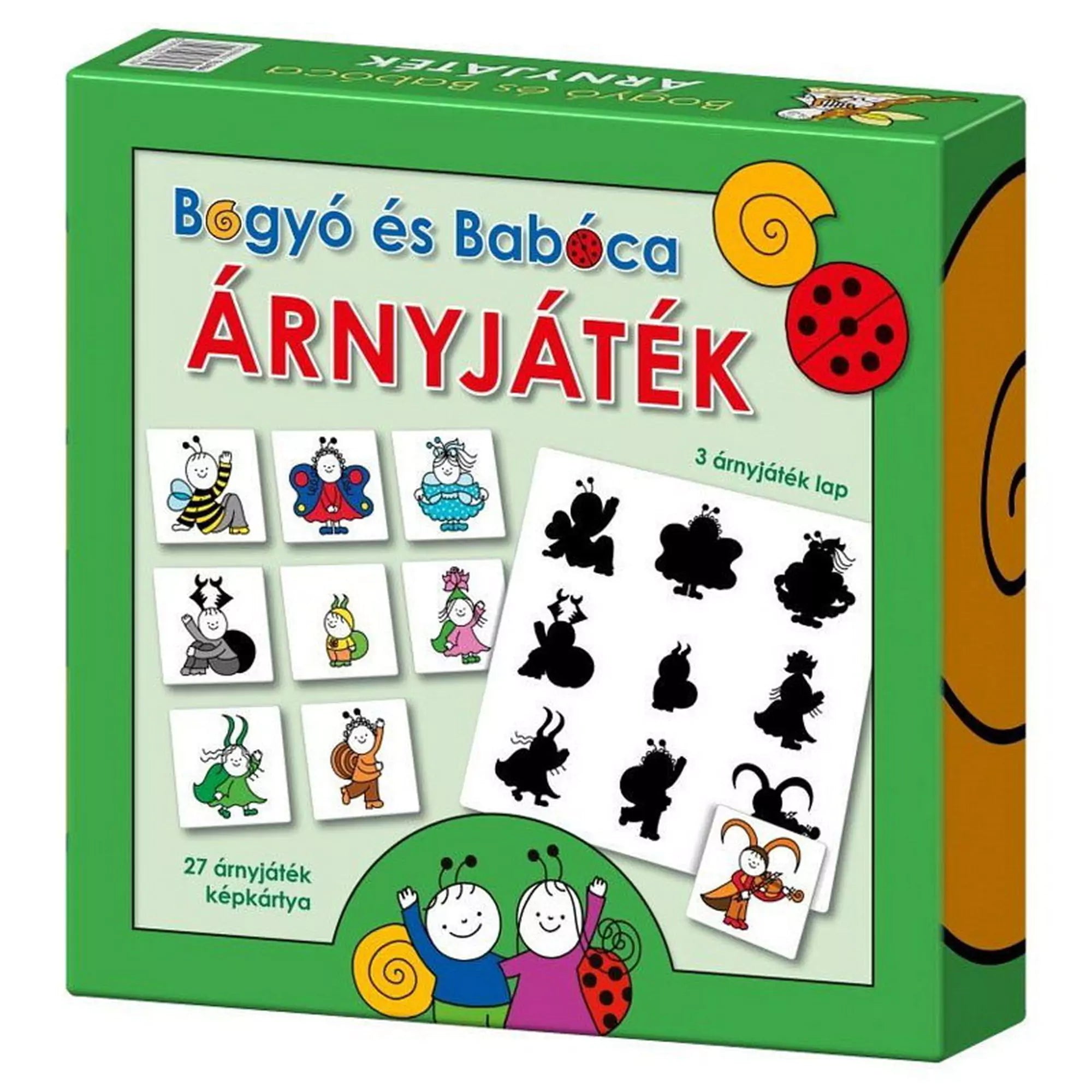 Bogyó és Babóca Árnyjáték doboza zöld szegéllyel, színes szereplőkkel és fekete árnyképekkel illusztrálva; 27 képkártyát és 3 árnyjáték lapot tartalmaz.