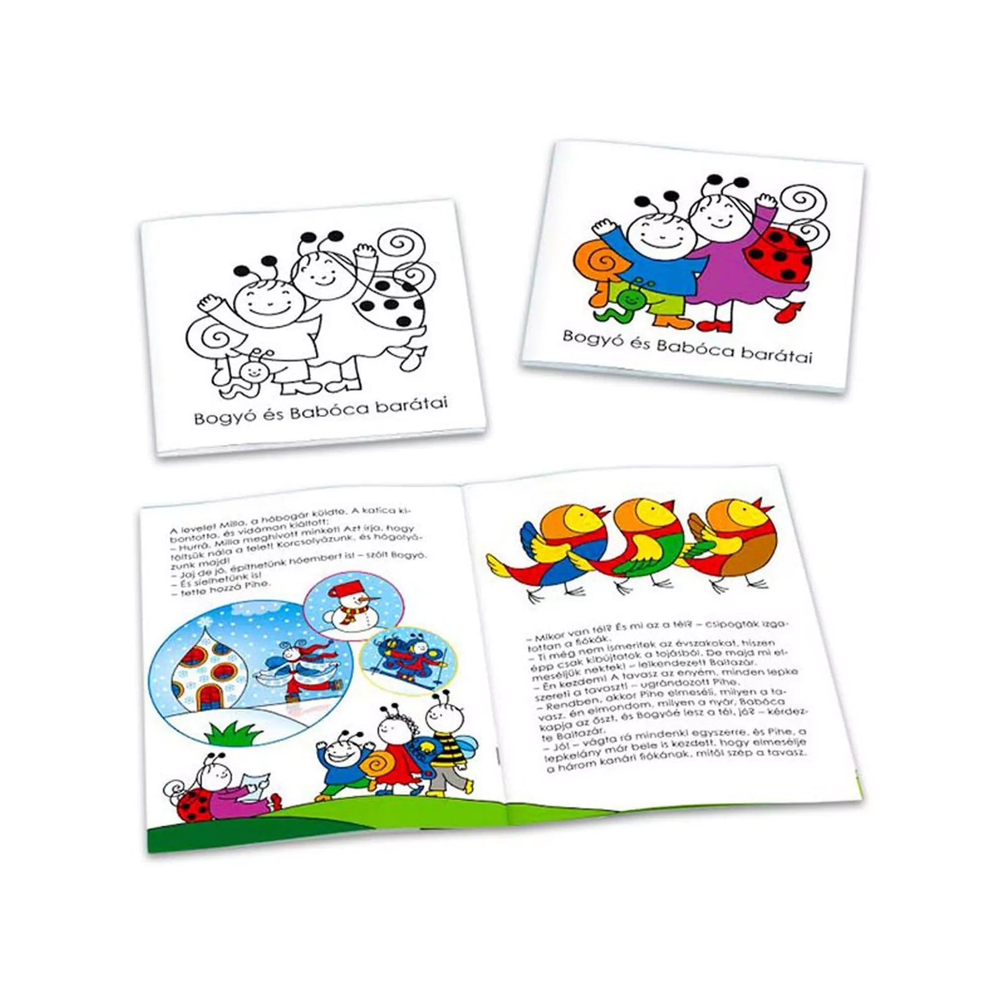 Bogyó és Babóca – Évszakok társasjátékhoz tartozó mesefüzet és kifestő, színes és fekete-fehér illusztrációkkal.