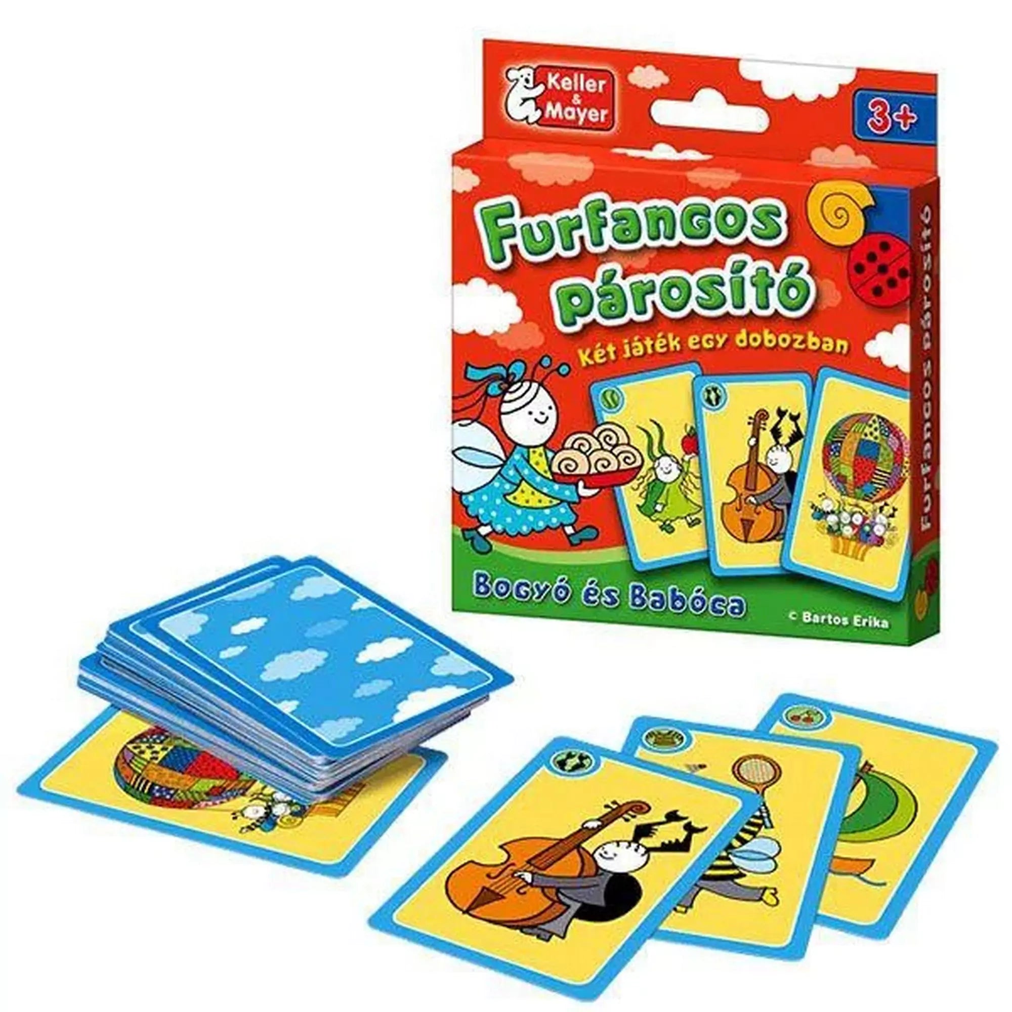 Bogyó és Babóca Furfangos párosító kártyajáték színes doboza, mellette több kiterített kártyalappal, amelyeken kedves, mesebeli illusztrációk láthatók.
