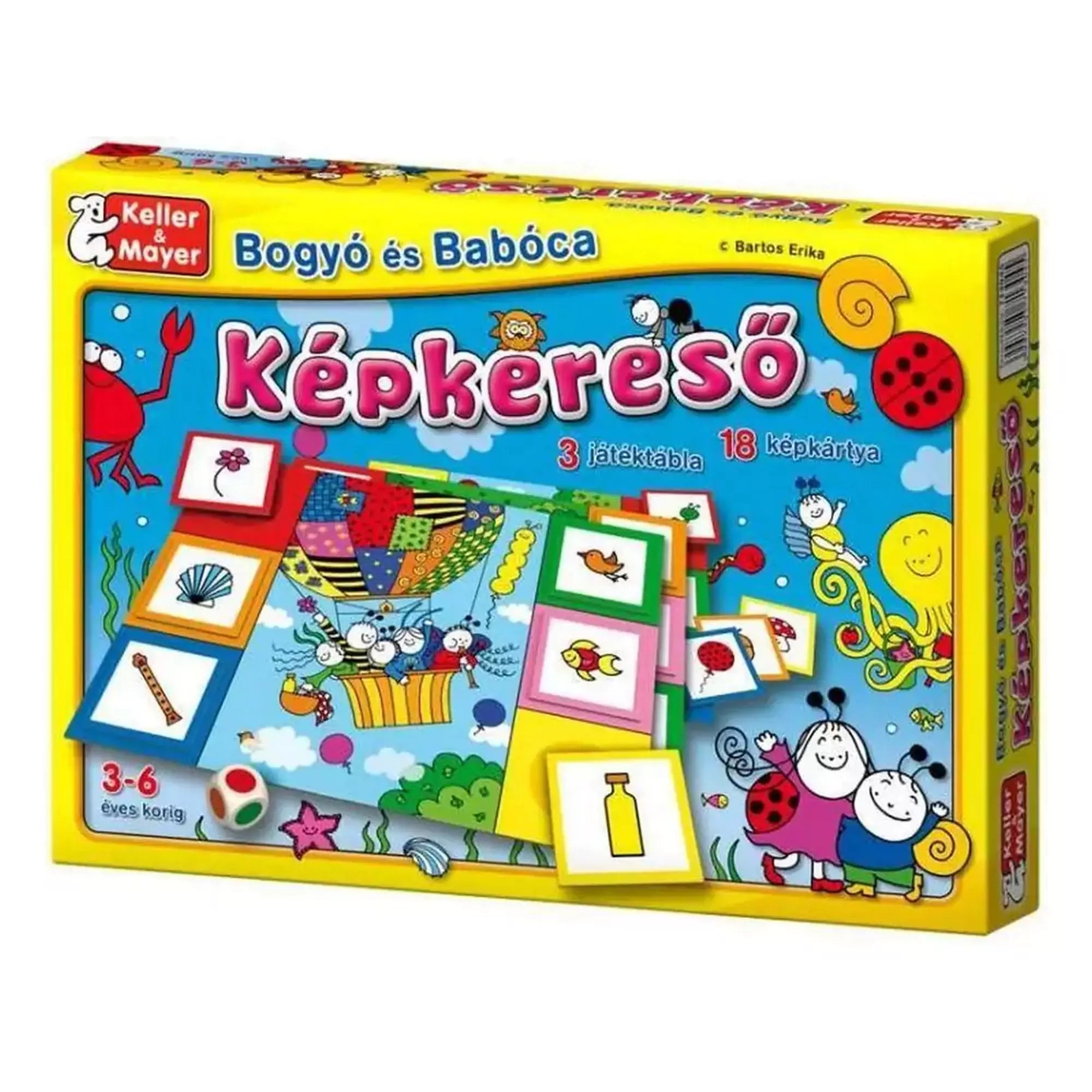 A Bogyó és Babóca – Képkereső társasjáték színes doboza közelről, rajta a főszereplők, képkártyák, játéktábla és a játék logója.