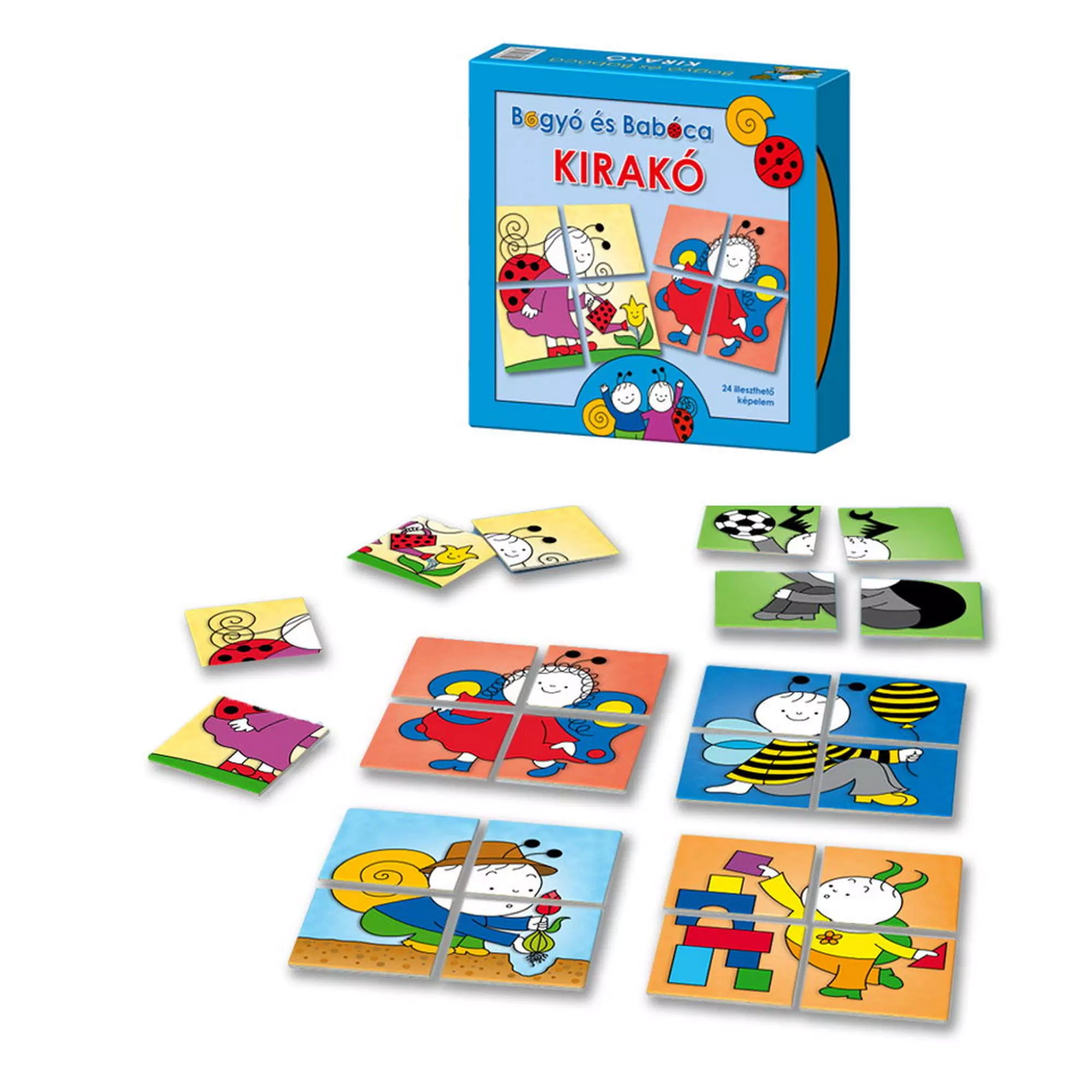 A Keller & Mayer Bogyó és Babóca Kirakó társasjáték tartalma: színes négyrészes kirakók kedves karakterekkel, valamint a termék doboza háttérben.