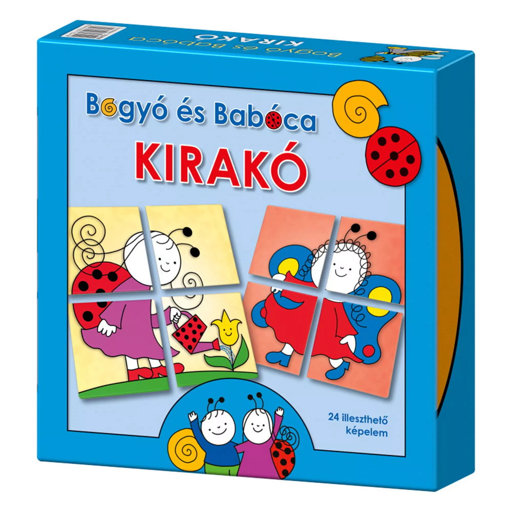 Kék színű Keller & Mayer Bogyó és Babóca Kirakó társasjáték doboza, rajta két illusztrált kép kirakóelemekre bontva, 24 illeszthető képelemmel.