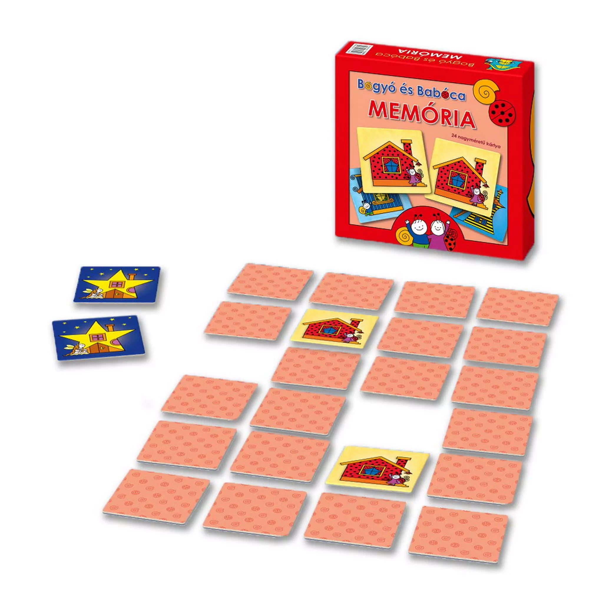 A Bogyó és Babóca Memória társasjáték játéktáblája kiterítve, megfordított és felfedett nagy méretű memória kártyákkal, a doboz a háttérben látható.