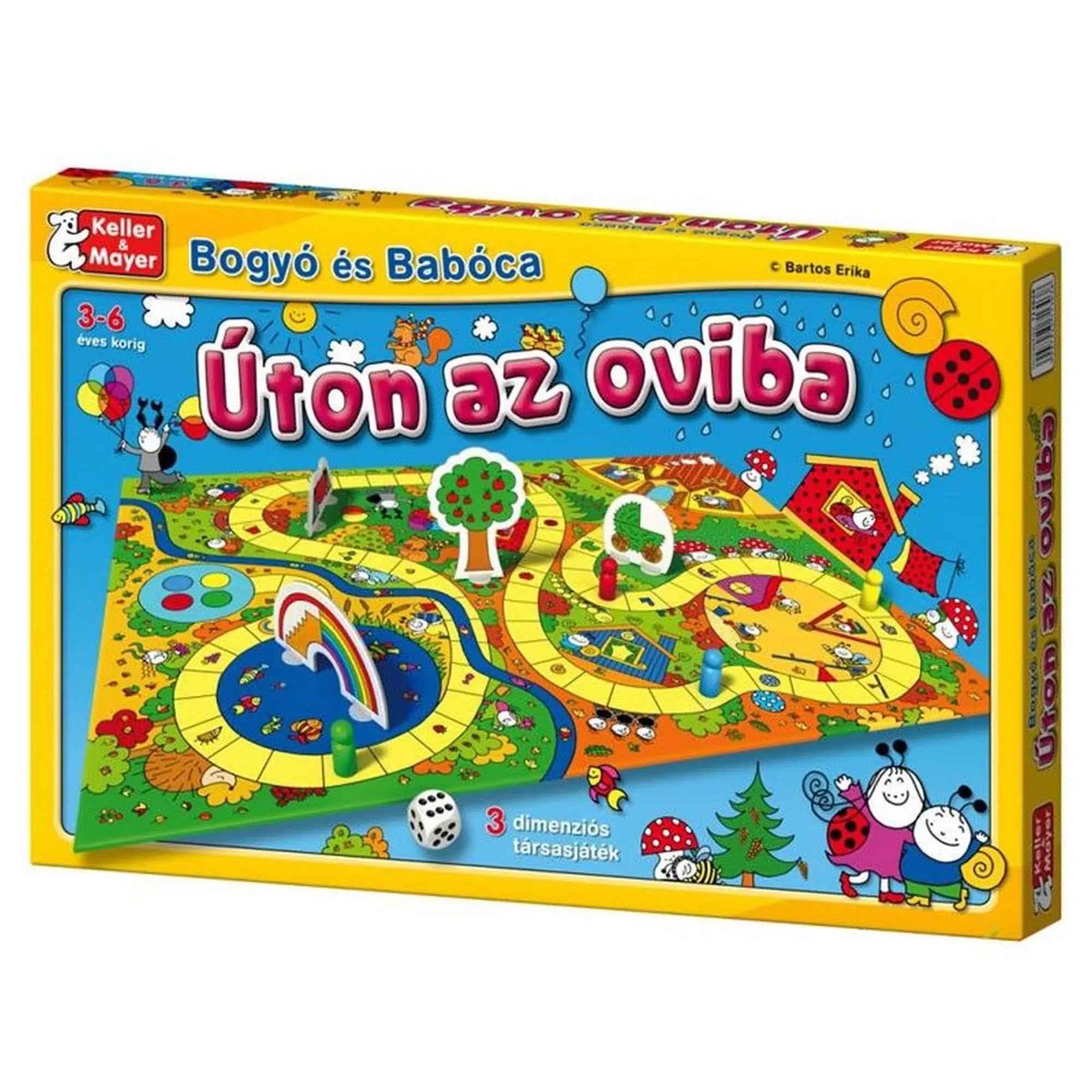 A Bogyó és Babóca: Úton az oviba társasjáték színes doboza, amelyen a 3D elemekkel kiegészített pálya és a szereplők illusztrációi láthatók, 3–6 éves korosztálynak ajánlva.
