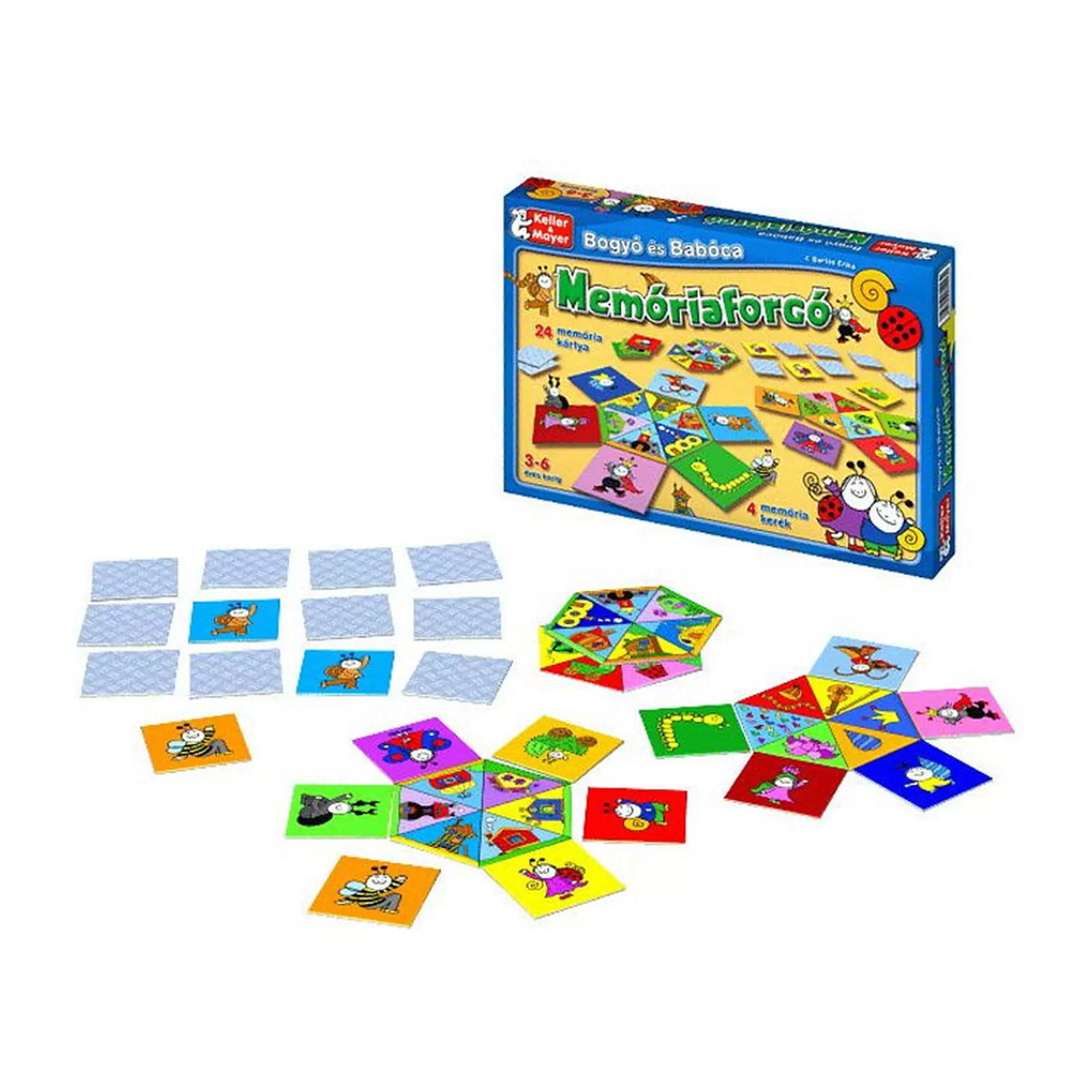 Bogyó és Babóca Memóriaforgó – kirakott memóriakártyák és forgatható kerekek a játéktartozékokkal együtt, dobozzal.