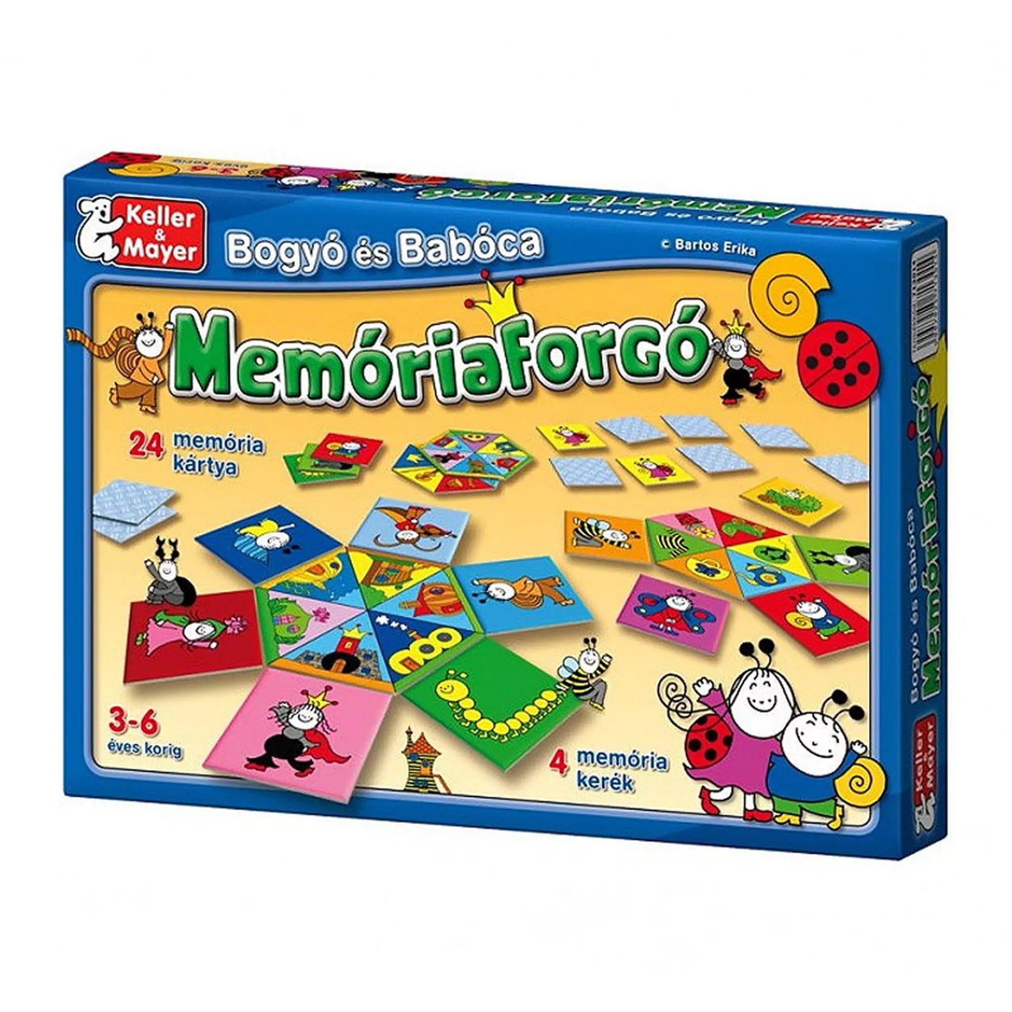 Bogyó és Babóca Memóriaforgó – a doboz eleje színes memóriakártyákkal és figurákkal, 3–6 éves gyerekeknek.