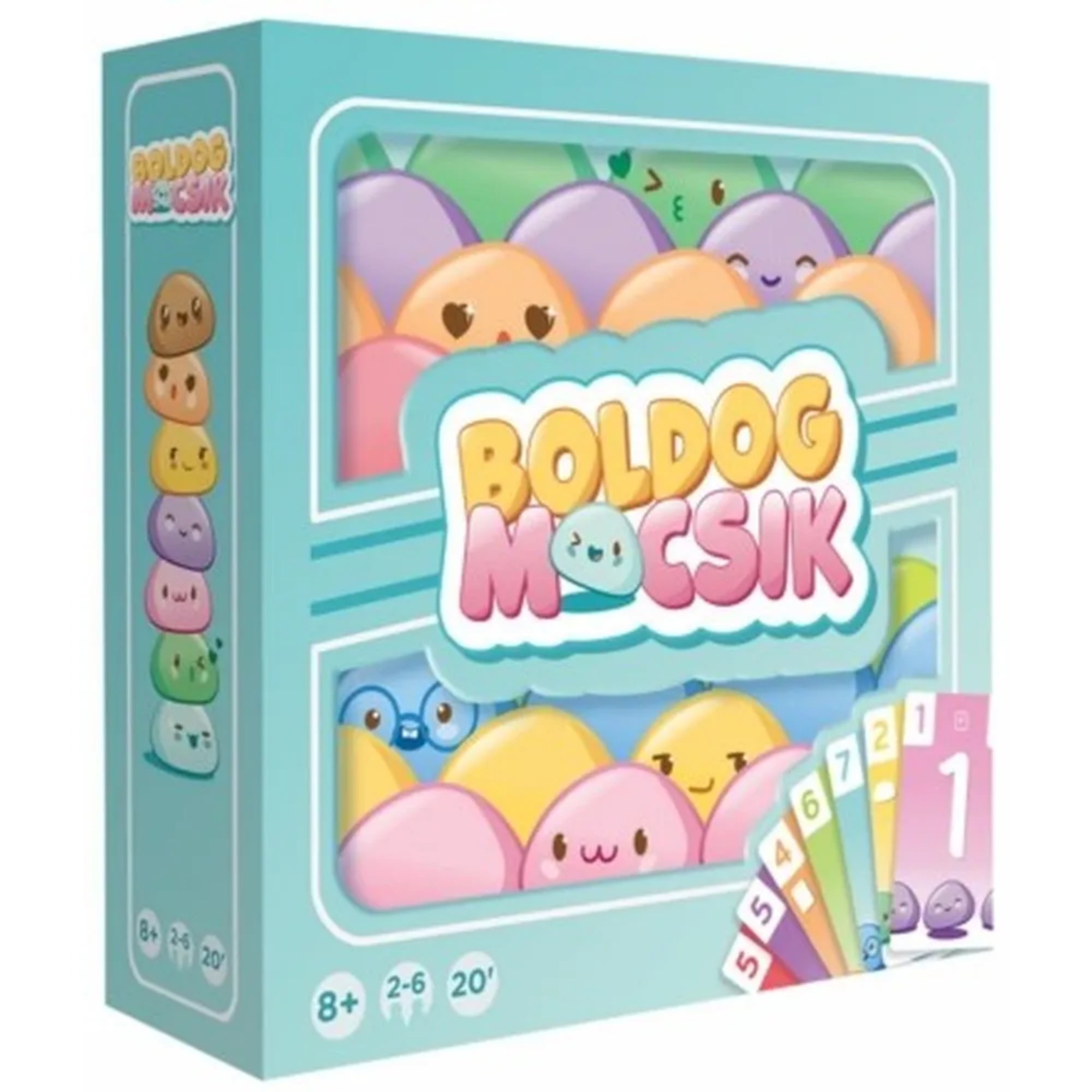 A „Boldog mocsik” társasjáték színes doboza, rajta mosolygós slime figurákkal és kártyaillusztrációkkal.