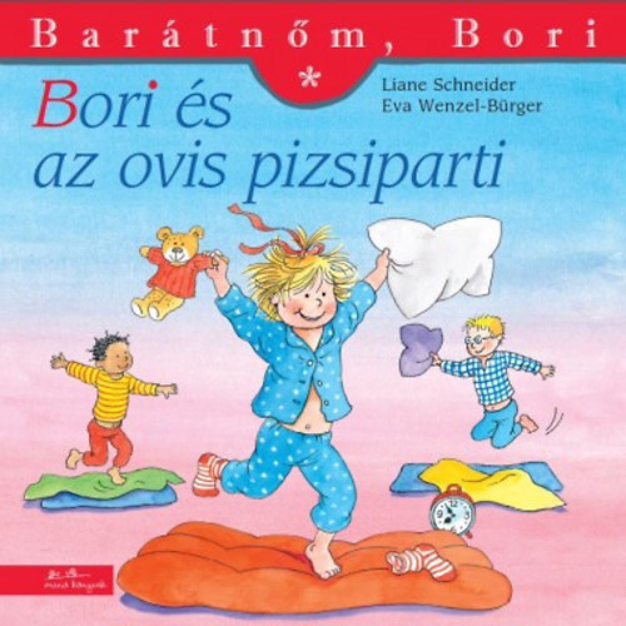 A „Bori és az ovis pizsiparti” (Barátnőm, Bori 37.) könyv borítója, amelyen Bori pizsamában ugrál egy narancssárga matracon, miközben párnacsatát vív barátaival; körülöttük játékok és takarók hevernek.