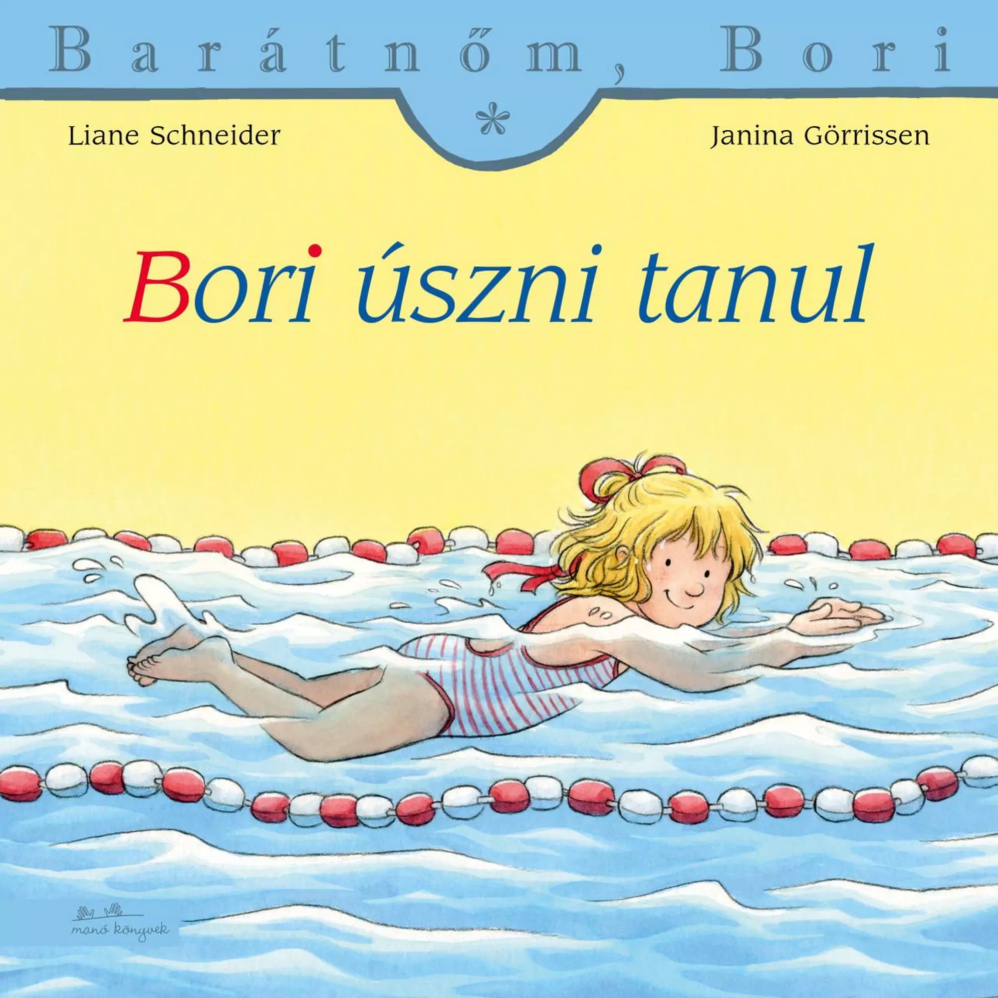 A „Bori úszni tanul” című gyerekkönyv borítója, amelyen Bori piros csíkos fürdőruhában úszik egy úszómedencében, bójákkal elválasztott pályán.