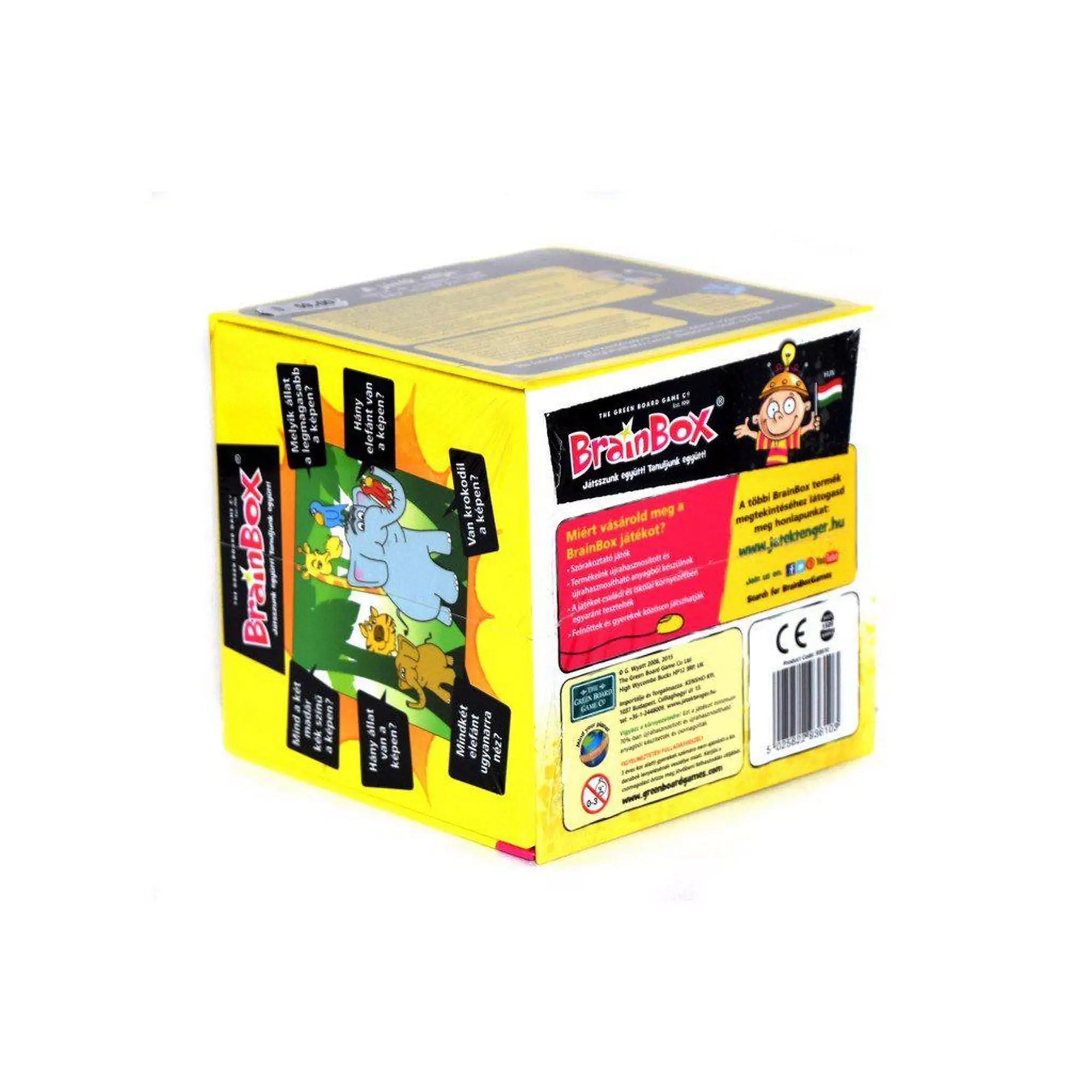 A BrainBox - Az első képeim játék dobozának hátoldala, amely bemutatja a játék előnyeit és a benne található kérdéseket, képekkel és rövid leírással.
