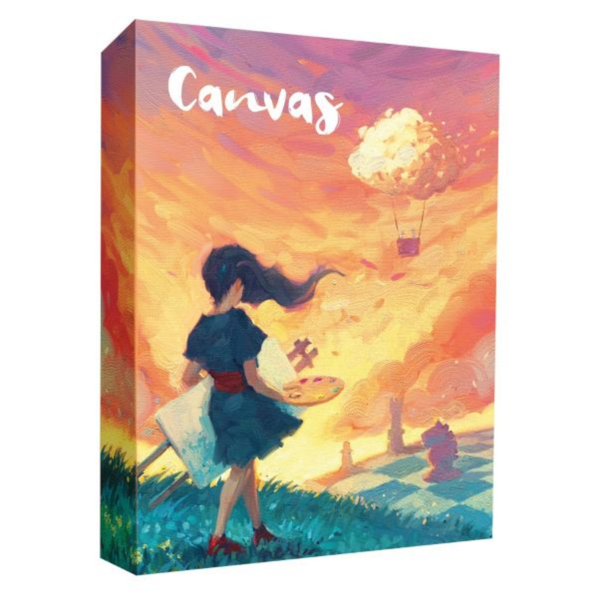 A Canvas társasjáték doboza, amelyen egy művészi stílusban festett jelenet látható: egy lány festőpalettával egy színes, álomszerű tájban, lebegő felhőlufival a háttérben.