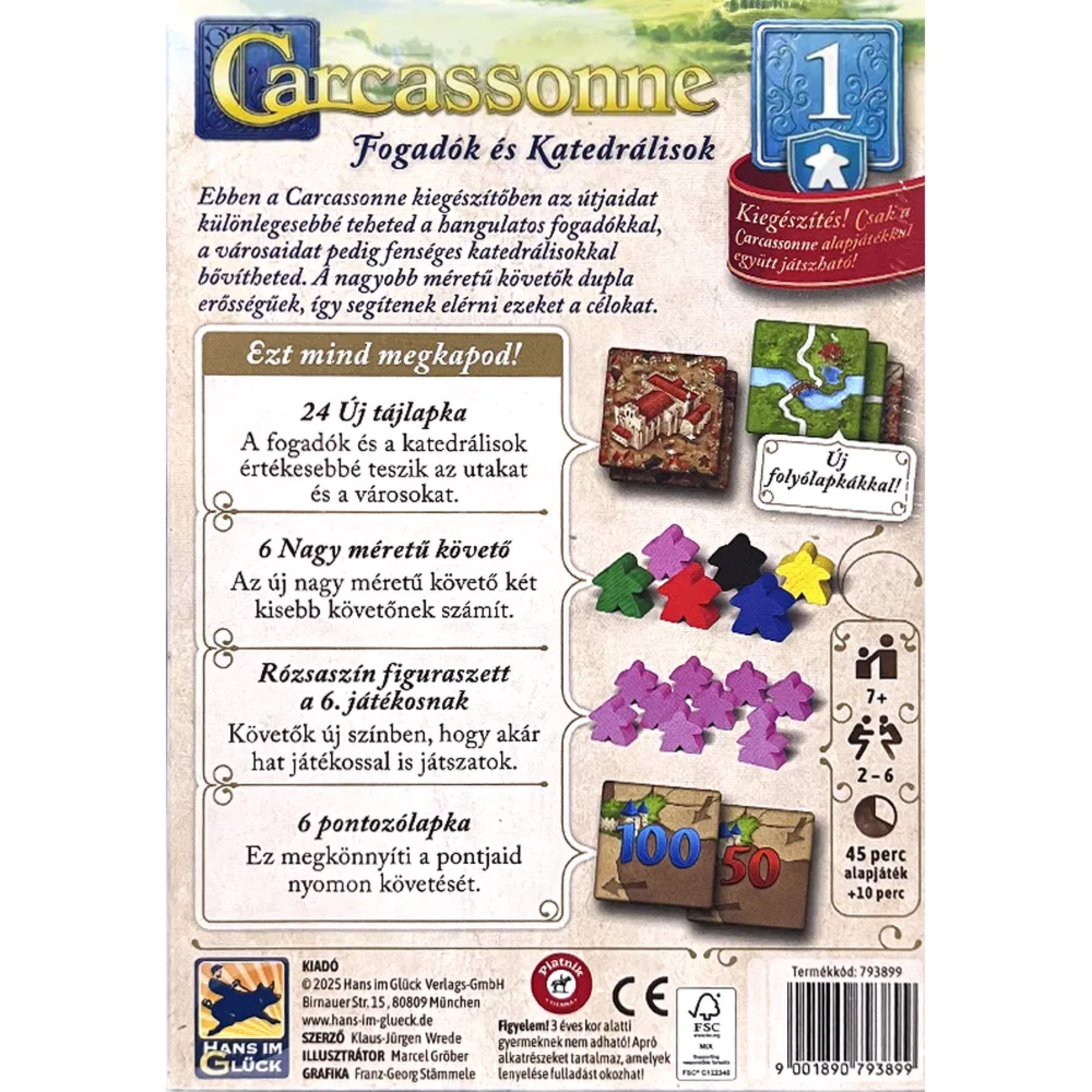 A Carcassonne: Fogadók és Katedrálisok kiegészítő dobozának hátlapja, amely bemutatja a tartalmat: új tájlapkákat, nagyobb követő figurákat, rózsaszín bábukat a 6. játékos számára, valamint pontozólapkákat. Leírás olvasható a játékmenet kiegészítéseiről is.