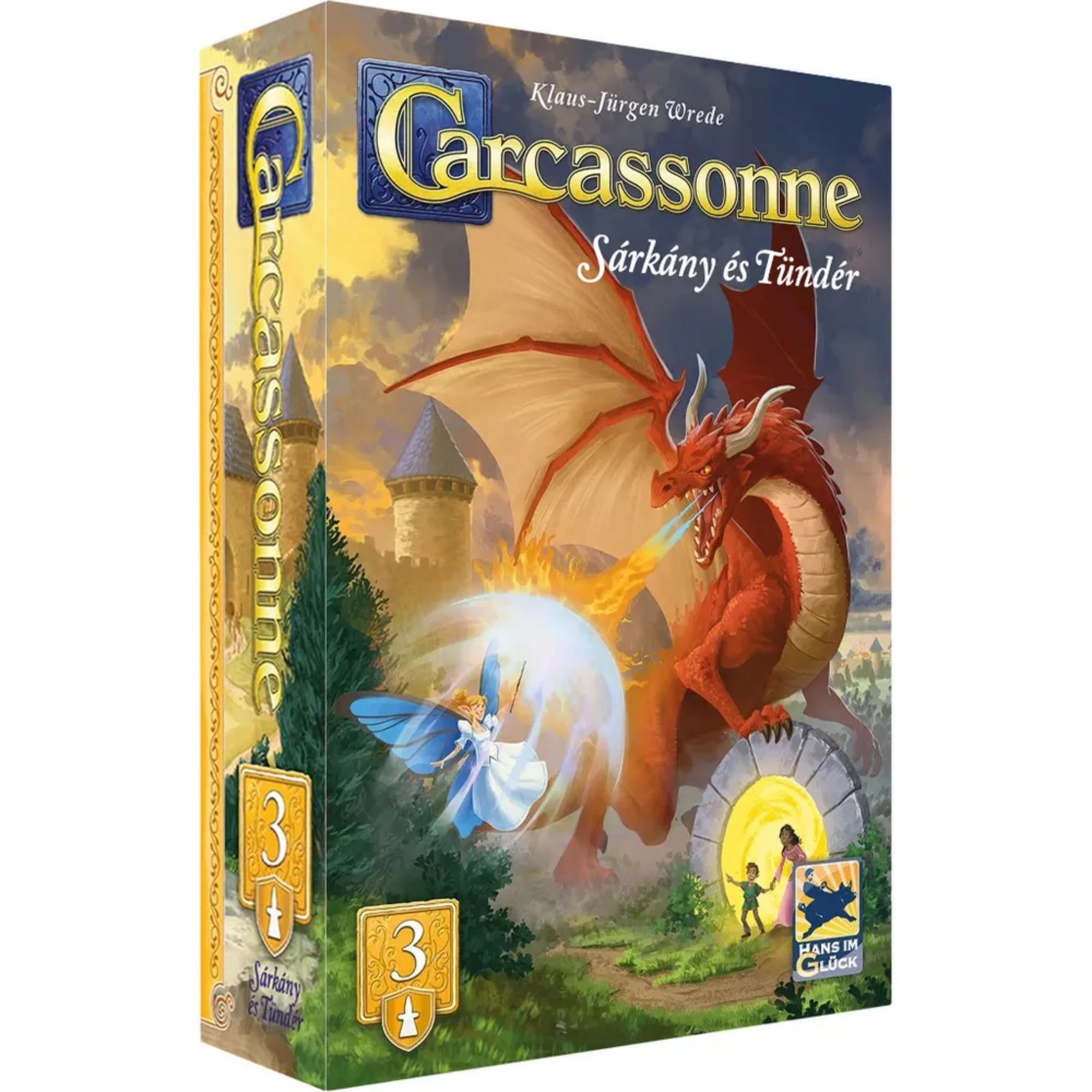 A Carcassonne: Sárkány és Tündér kiegészítő doboza, amelyen egy hatalmas vörös sárkány tüzet okád, miközben egy kék szárnyú tündér varázserővel védekezik. A háttérben középkori vár és erdei ösvény látható.