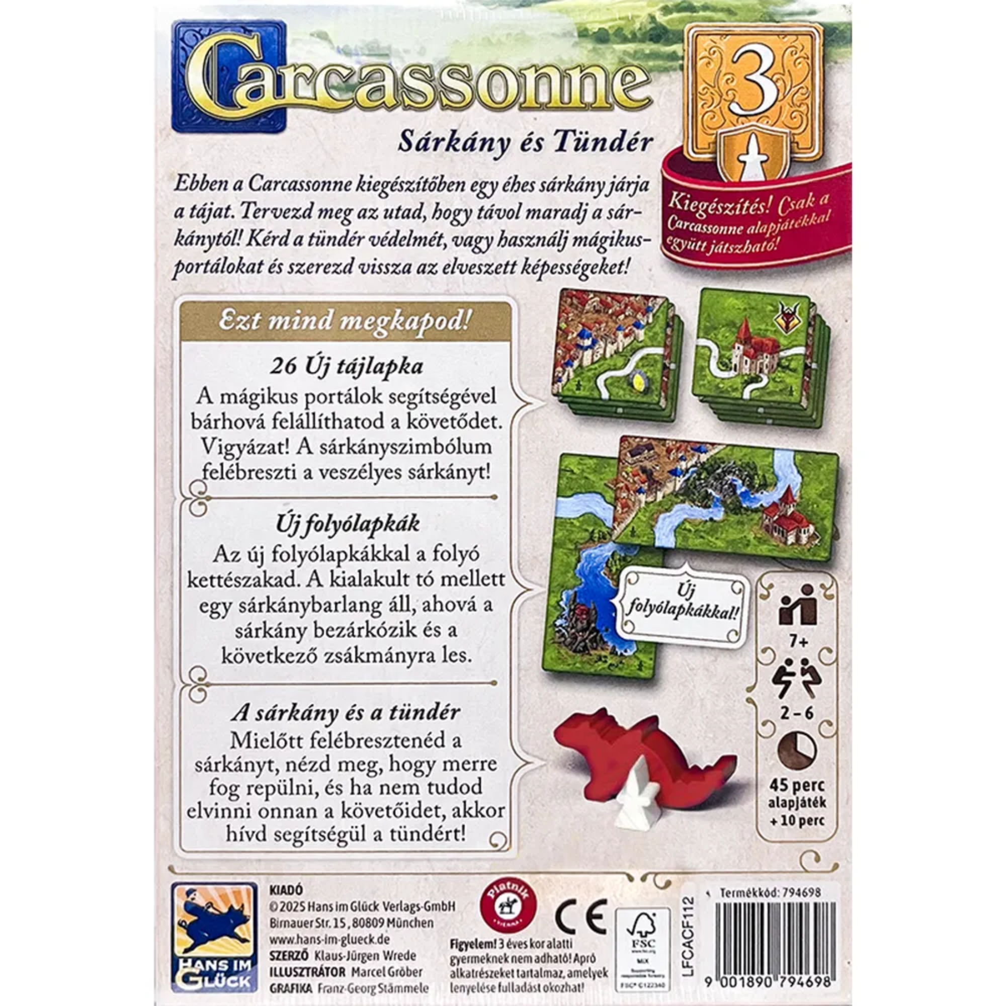 A Carcassonne: Sárkány és Tündér kiegészítő hátlapja, részletes ismertetővel a tartalomról. Láthatóak az új tájlapkák, a folyólapkák, valamint a sárkány és tündér figurái, amelyek új játékszabályokat hoznak a Carcassonne világába.