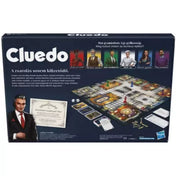 Cluedo társasjáték doboz hátlap – A Cluedo játék hátoldala, bemutatva a játéktáblát, a karaktereket, kártyákat és a játékelemeket.